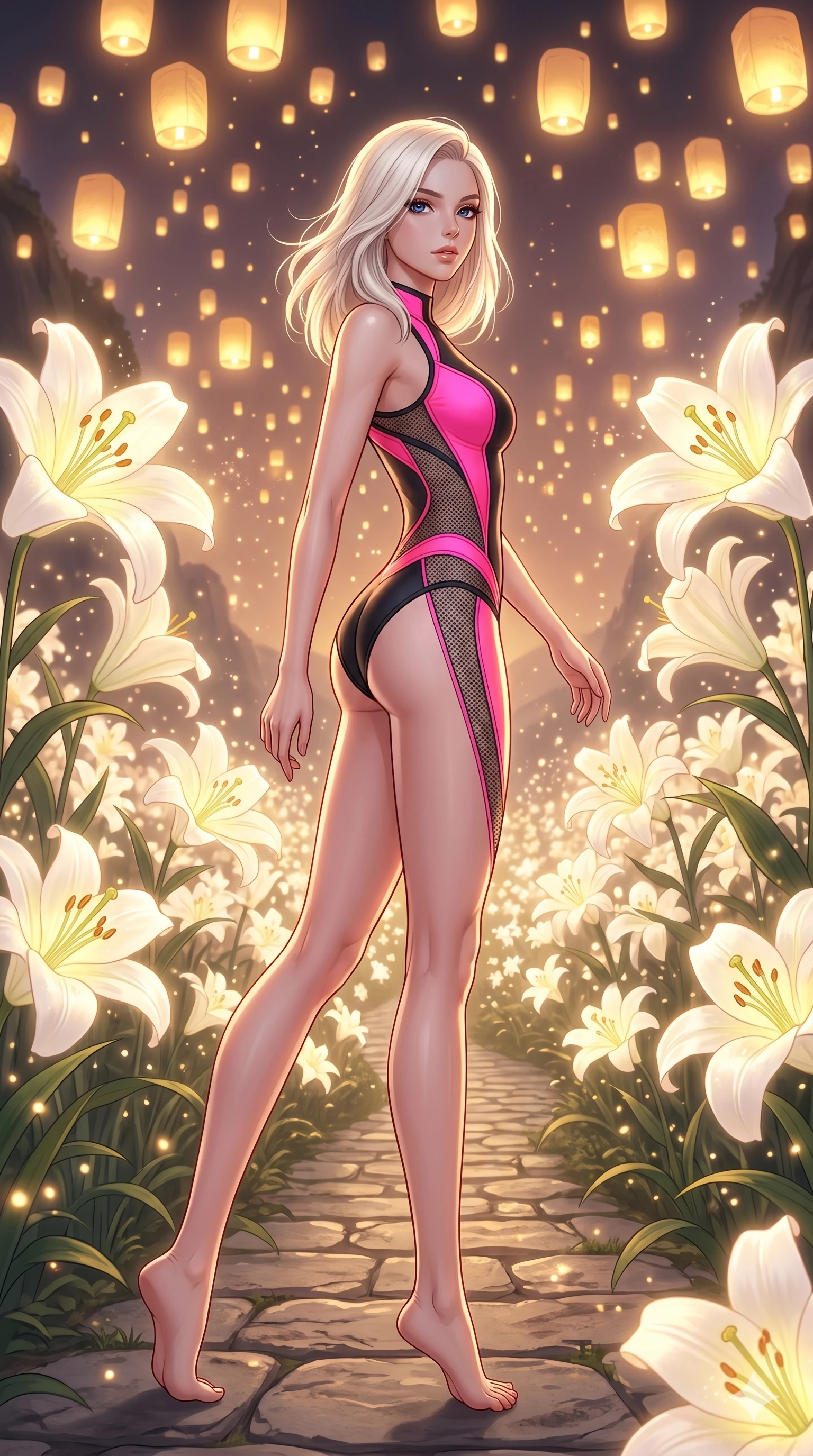 score_9, masterpiece, best quality, ultra-detailed, high-budget anime keyframe, editorial fashion photography, tasteful artistic composition, Caucasian woman, strictly human ears. low angle full-body shot from head to toe showing her feet, filling the entire 9:16 vertical frame with her statuesque presence, stretching her vertical silhouette. Executing a dynamic turning step with one leg extended behind her, highlighting her athletic build on a stone path leading through a valley of giant glowing white lilies, as thousands of micro-particles of light dance in the air. She has an absolutely perfect 8-heads proportion, an exceptionally tall and slender female figure with impossibly long slender legs and an ultra-slim waist. V-shaped jawline, high-bridge nose, intricate jewel-like eyes with depth, thick eyelashes, glossy lips with a natural sheen. wearing a dual-tone neon pink and black performance bodysuit with mesh side panels tracing the silhouette. illuminated by thousands of floating golden lanterns casting a soft, warm, glowing atmosphere. 2k, ultra detail, master piece, 9:16 ratio