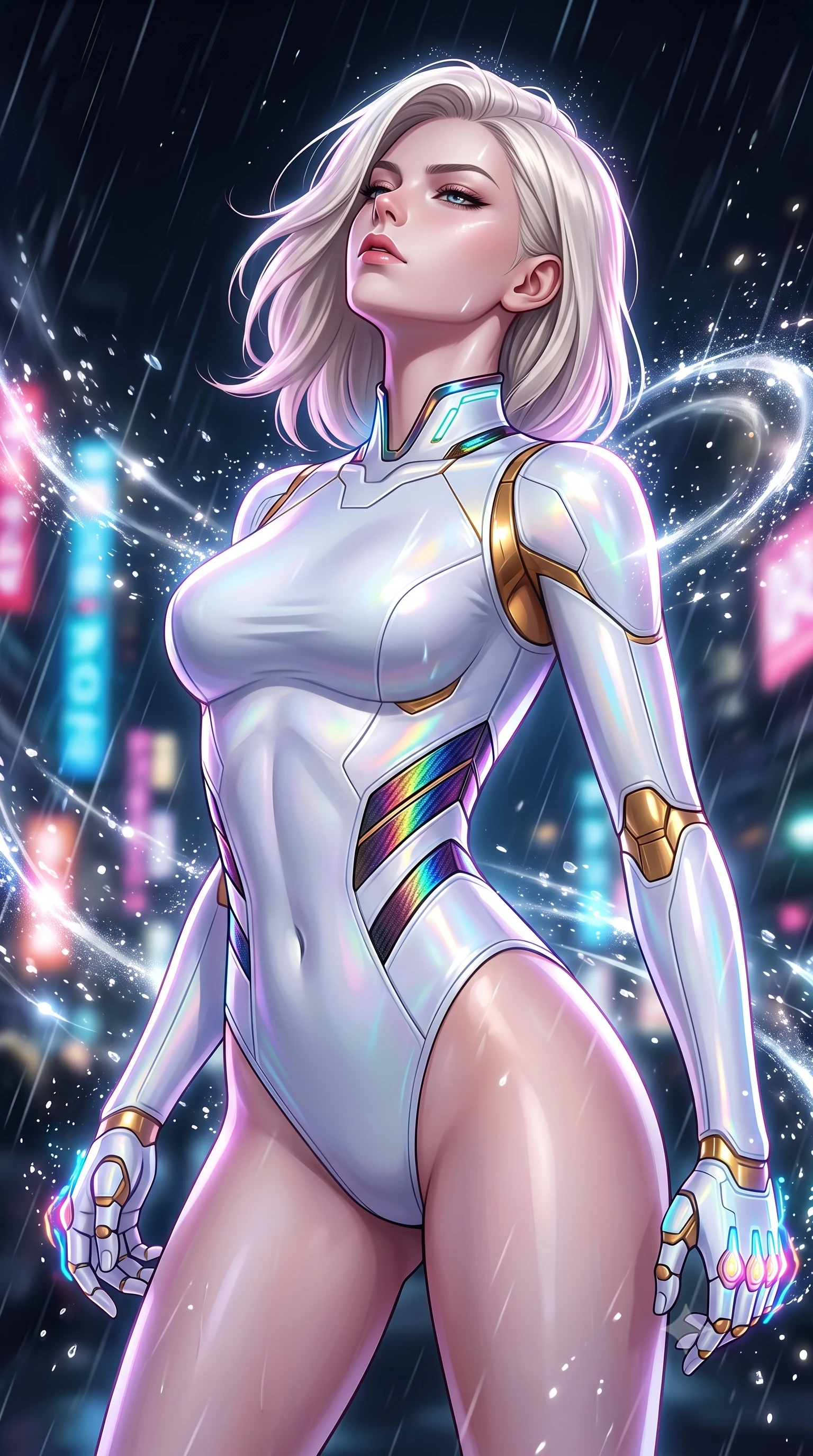 score_9, masterpiece, best quality, ultra-detailed, high-budget anime keyframe, semi-realistic 3D game render, editorial fashion photography, tasteful artistic composition, Caucasian woman. close-up cowboy shot from the waist and thighs up, the character dominates the composition, filling the frame with her large presence. tilting her head back with serene warrior composure, her sharp jawline and sculpted collarbones highlighted by glowing neon kinetic knuckles while arching her spine in a fluid combat stance against raging typhoon winds as neon city lights pulse through the storm. The composition keeps background elements in soft focus with creamy bokeh. sparkling shockwave condensation rings and splashing raindrops scattering radiant light across a dark backdrop. She has an exceptionally elegant, slender, and willowy female figure with an ultra-slim waist, a gracefully sculpted slender torso, toned flat midriff, and a refined slim silhouette. sharp v-shaped jawline, high-bridge nose, intricate jewel-like eyes with depth, thick eyelashes, glossy lips with a natural sheen, flawlessly proportioned anatomical accuracy, strict slender model proportions, natural body alignment, perfectly sculpted long slender limbs, ultra-slim waistline, clean dynamic posture without body distortion. wearing a form-contouring arctic white carbon-composite martial arts leotard with solar gold articulation joints and diagonal midriff vents in high-gloss iridescent rainbow carbon with prism holographic sheen, made of lightweight aerodynamic carbon-titanium alloy with polished edge bevels, featuring a sleek aerodynamic collar framed by subtle glowing cybernetic status LEDs, the form-contouring material adhering flawlessly to her sculpted flat midriff and slender torso, emphasizing her long leg lines and perfectly proportioned willowy build. surrounded by an electrifying, fierce, and passionately powerful martial valkyrie atmosphere. rich saturated anime colors with glowing neon highlights, detailed shading with soft gradients, rich glossy textures, high-contrast stereoscopic depth, volumetric dynamic lighting, master piece, 9:16 ratio