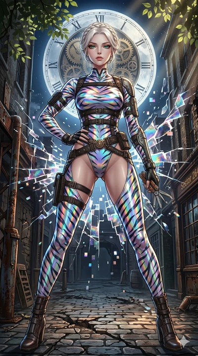 score_9, masterpiece, best quality, ultra-detailed, Set A: High-budget Anime Keyframe, Japanese woman. Low angle cowboy shot filling the entire 9:16 frame with her statuesque presence. Theme: Urban Decay. shattering the fabric of reality in a steampu
