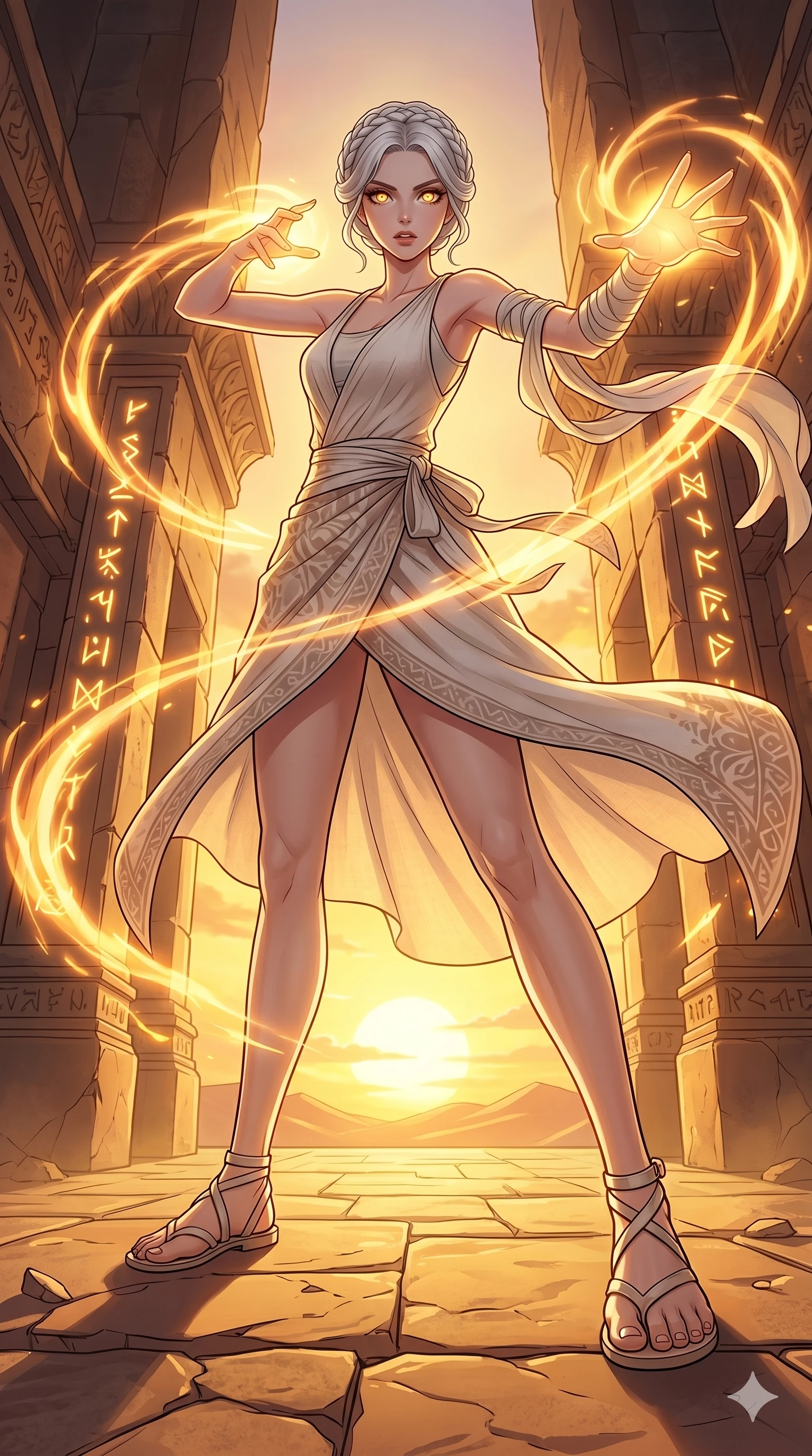 score_9, masterpiece, best quality, ultra-detailed, high-budget anime movie keyframe, cinematic anime lighting, intricate line art, Caucasian (strictly human ears) woman. Dynamic full-body shot stretching the vertical silhouette with extreme perspective. casting a spell that makes her eyes glow with the light of a sun. She has an absolutely perfect 8-heads proportion, an exceptionally tall and slender female figure with graceful and slender proportions. strictly human anatomy, two legs only, no extra limbs, clearly defined legs and arms, perfect anatomy, perfect hands and fingers. sharp v-shaped jawline, high-bridge nose, intricate jewel-like eyes, thick eyelashes, glossy lips. Wearing Seasonal/Resort: Elegant one-piece with sarong, linen sundress with tie-back, and light fabric wrap. The scene is illuminated by dramatic atmospheric lighting and vibrant color palettes. , 2k, ultra detail, master piece, 9:16 ratio