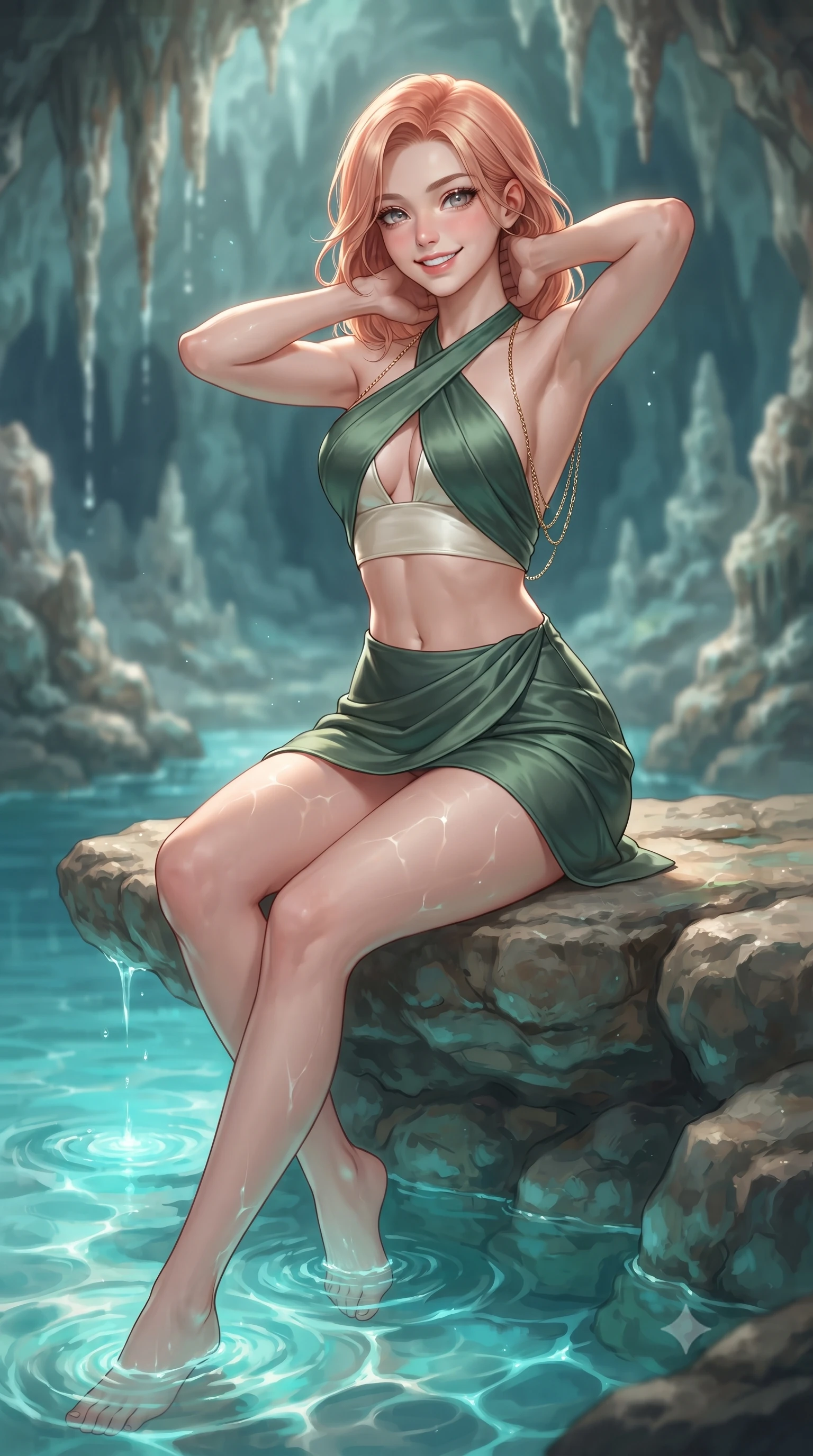 score_9, masterpiece, best quality, ultra-detailed, high-budget anime keyframe, editorial fashion photography, tasteful artistic composition, Japanese woman. close-up cowboy shot from the waist and thighs up, the character dominates the composition, filling the frame with her large presence. resting both hands lightly behind her neck with elbows raised, arching her spine to highlight her narrow waist, flat midriff, and breathtaking collarbones while sitting gracefully on the natural stone shelf propped on one hand, her long slender legs trailing in the illuminated turquoise tide. The background shows a soft-focus dripping mineral stalactites softened in intimate mystical grotto shallow focus. She has an exceptionally elegant, slender, and willowy female figure with an ultra-slim waist, flat toned midriff, narrow ribcage, and sculpted feminine hips creating an alluring, slim hourglass silhouette without bulk. sharp v-shaped jawline, high-bridge nose, intricate jewel-like sparkling eyes with depth, thick eyelashes, glossy parted lips with a natural peach sheen, bright cheerful beaming smile with an enchanting and coquettish sensual glint, exuding both youthful cute charm and seductive allure, flawlessly proportioned anatomical accuracy, strict slender model proportions, natural body alignment, perfectly sculpted long slender limbs, ultra-slim waistline, clean dynamic posture without body distortion. wearing a criss-cross halterneck keyhole bandage crop top paired with an ultra-short draped tulip mini skirt in Lake Como cypress green and crisp ivory pearl, tailored from crisp duchess satin with architectural structure and high-gloss luster, accented with an open-back drape framed by falling strands of delicate gold chains, the second-skin tailored fabric adhering flawlessly to her sculpted flat midriff and slender torso, emphasizing her long leg lines and perfectly proportioned willowy build. illuminated by water caustics bounce and sharp platinum-cyan rim lights defining her razor-sharp jawline, narrow waist, and curvy hips. ultra-reflective glossy finish, specular highlights, rich textural contrasts, high-contrast stereoscopic depth, volumetric dynamic lighting, 2k, ultra detail, master piece, 9:16 ratio