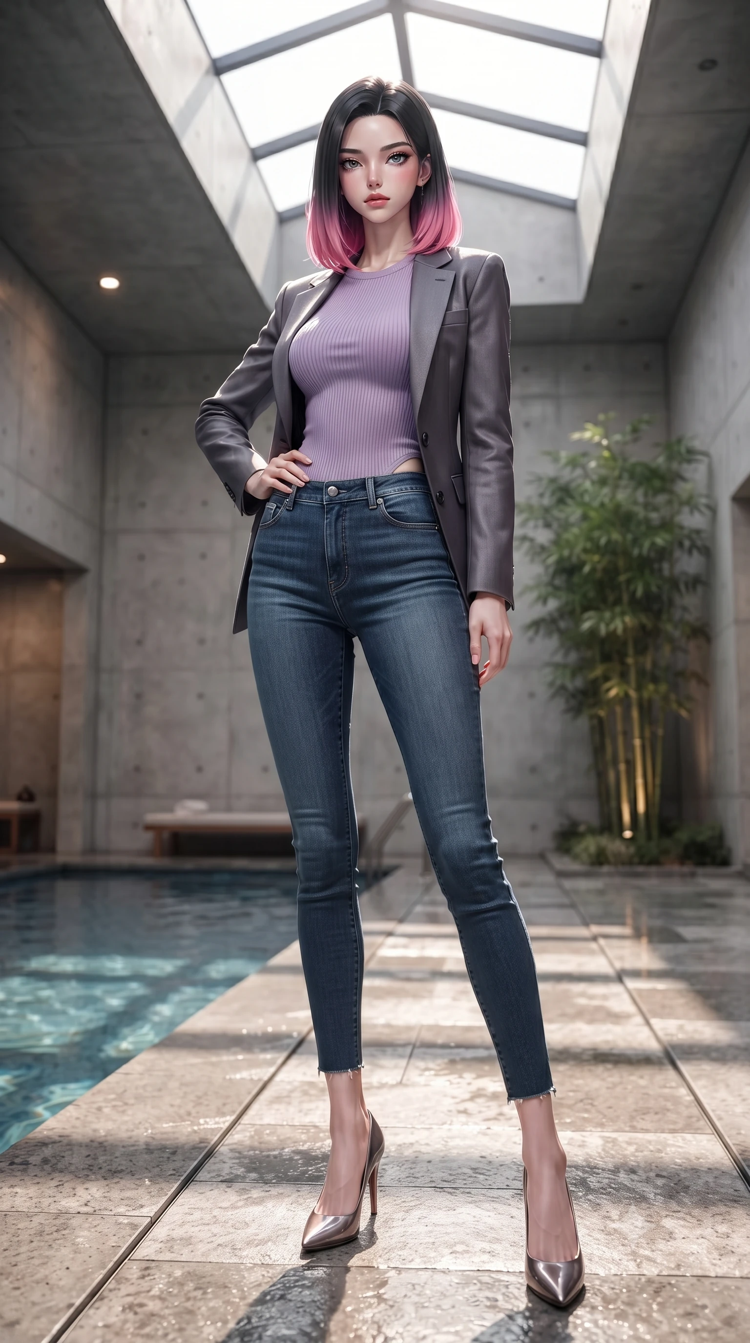 score_9, masterpiece, best quality, ultra-detailed, high-budget anime keyframe, editorial fashion photography, tasteful artistic composition, Korean woman woman. low angle full-body shot from head to toe showing her feet, filling the entire 9:16 vertical frame with her statuesque presence, stretching her vertical silhouette. posing confidently with one hand on her hip, stretching her statuesque body to emphasize her curves the background shows a soft-focus an indoor lap pool with concrete walls, stone paths, and a small bamboo grove. She has an absolutely perfect, statuesque 8.5-heads proportion, an exceptionally tall and slender model-like female figure with impossibly long slender legs and an ultra-slim waist. sharp v-shaped jawline, high-bridge nose, intricate jewel-like eyes with depth, thick eyelashes, glossy lips with a natural sheen. wearing a slim-fit tight-fitting lavender knit bodysuit worn under a tailored open blazer and jeans. crisp morning daylight slicing through skylights, creating geometric reflections. ultra-reflective glossy finish, specular highlights, metallic sheen, high-contrast stereoscopic depth, volumetric dynamic lighting, 2k, ultra detail, master piece, 9:16 ratio