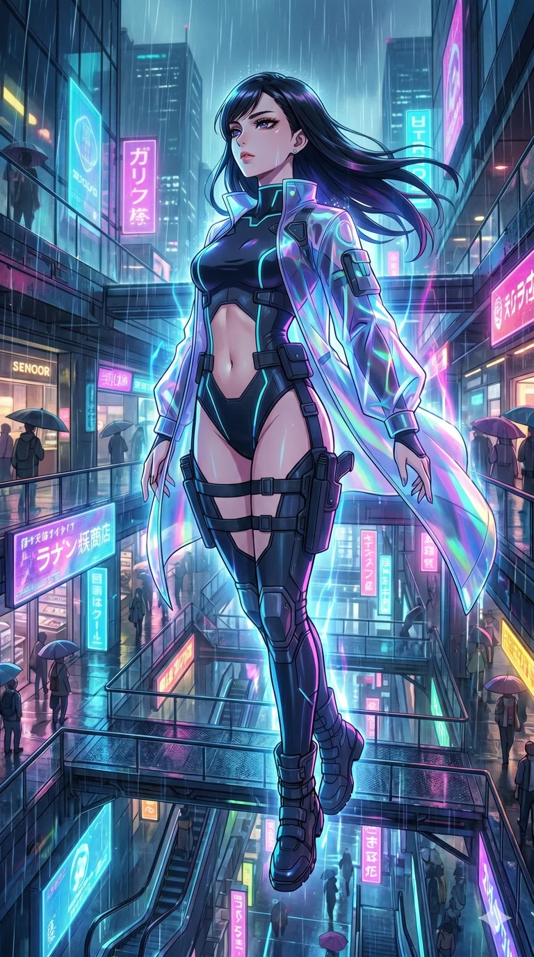 score_9, masterpiece, best quality, ultra-detailed, High-budget Anime Keyframe, vibrant colors, fluid line-art, expressive lighting, cinematic composition, Ufotable-style visual effects, top-tier animation quality, Japanese woman with delicate and elegant anime-inspired features. Dramatic low angle looking up at her majestic stature, dominating the vertical space of the composition. Gliding through a multi-level cyberpunk mall with vibrant neon reflections on every surface and holographic advertisements. She has an absolutely perfect 8-heads proportion, an exceptionally tall and slender female figure with impossibly long slender legs and an ultra-slim waist, her statuesque height and towering silhouette dominating the vertical 9:16 frame. Her face is a masterpiece featuring a sharp v-shaped jawline, high-bridge nose, intricate jewel-like eyes with depth, thick eyelashes, and glossy lips with a natural sheen. She is wearing a Sleek tactical leotard with thigh-high holsters, unzipped deeply to show her midriff crafted from Holographic chiffon that changes color with every movement, creating a rainbow effect, with integrated neon-lit tactical gear and suggestive cutouts on the thighs. The scene is set in a sprawling cyberpunk metropolis in heavy rain with vibrant neon glows reflecting on every surface, illuminated by intense energy flares from her powers illuminating the scene with brilliant light. 2k, ultra detail, master piece, 9:16 ratio
