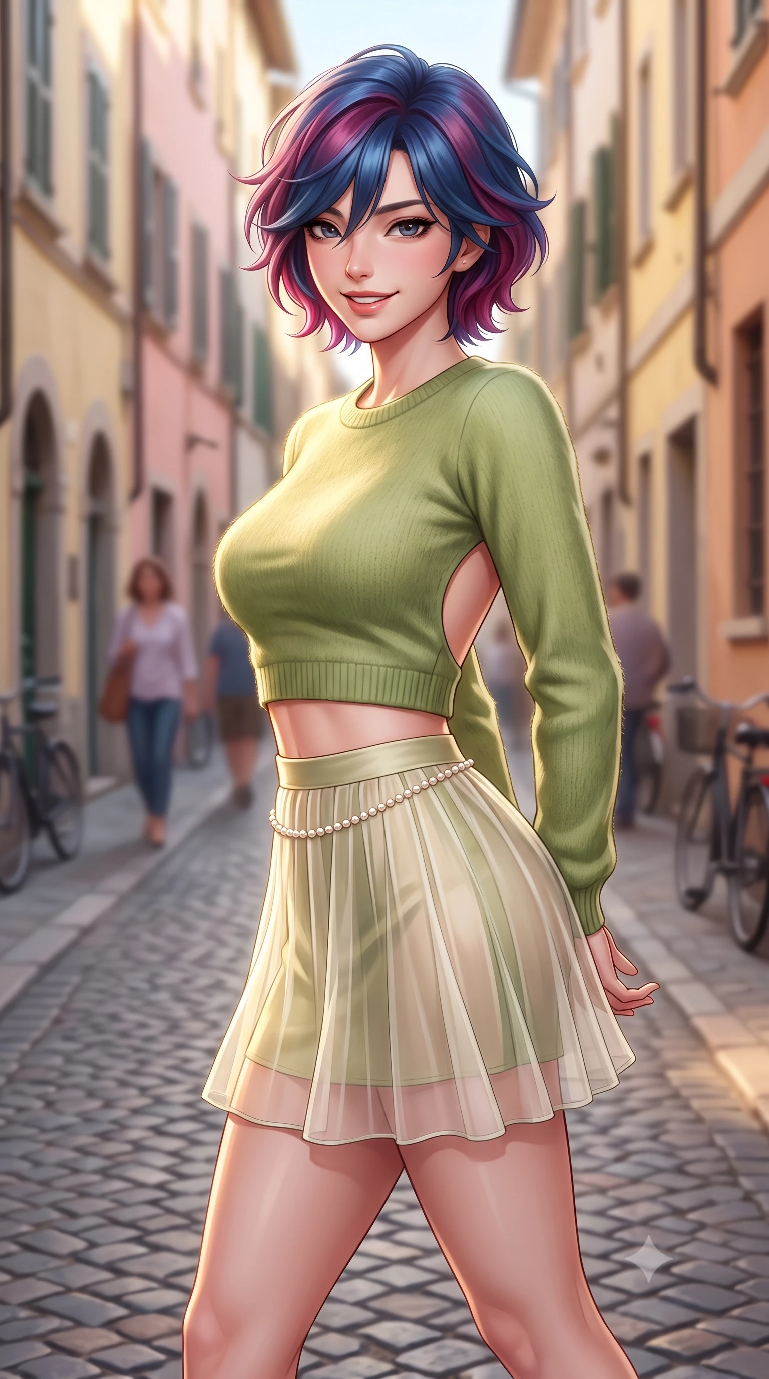 score_9, masterpiece, best quality, ultra-detailed, high-budget anime keyframe, semi-realistic 3D game render, editorial fashion photography, tasteful artistic composition, Korean woman. close-up cowboy shot from the waist and thighs up, the character dominates the composition, filling the frame with her large presence. resting both hands lightly behind her back while leaning toward the lens with a cheerful, teasing grin, her form-fitting outfit hugging her narrow waist and feminine hip curve while striding through the historic alleyway with supermodel poise, her form-fitting dress clinging to her narrow waist and curvy hips. The composition keeps background elements in soft focus with dreamy creamy bokeh. cobblestone alleys and bicycle silhouettes softened in charming Italian shallow focus. She has an exceptionally elegant, slender, and willowy female figure with an ultra-slim waist, flat toned midriff, narrow ribcage, and sculpted feminine hips creating an alluring, slim hourglass silhouette without bulk. sharp v-shaped jawline, high-bridge nose, intricate jewel-like sparkling eyes with depth, thick eyelashes, glossy parted lips with a natural peach sheen, bright cheerful beaming smile with an enchanting and coquettish sensual glint, exuding both youthful cute charm and seductive allure, flawlessly proportioned anatomical accuracy, strict slender model proportions, natural body alignment, perfectly sculpted long slender limbs, ultra-slim waistline, clean dynamic posture without body distortion. wearing a soft angora crop knit sweater with a sheer pleated organza mini skirt over an opaque silk slip in matcha green and warm ivory, crafted from soft breathable linen with effortless natural drape, accented with a dainty pearl waist chain catching the ambient sunlight, the precision-cut side openings and low-back scoop framing her graceful spine and the sensual sweep of her slim, toned hips. bathed in warm golden afternoon Italian sunlight reflecting off pastel building facades. highly saturated vibrant anime colors, detailed shading with soft gradients, rich glossy textures, high-contrast stereoscopic depth, volumetric dynamic lighting, master piece, 9:16 ratio