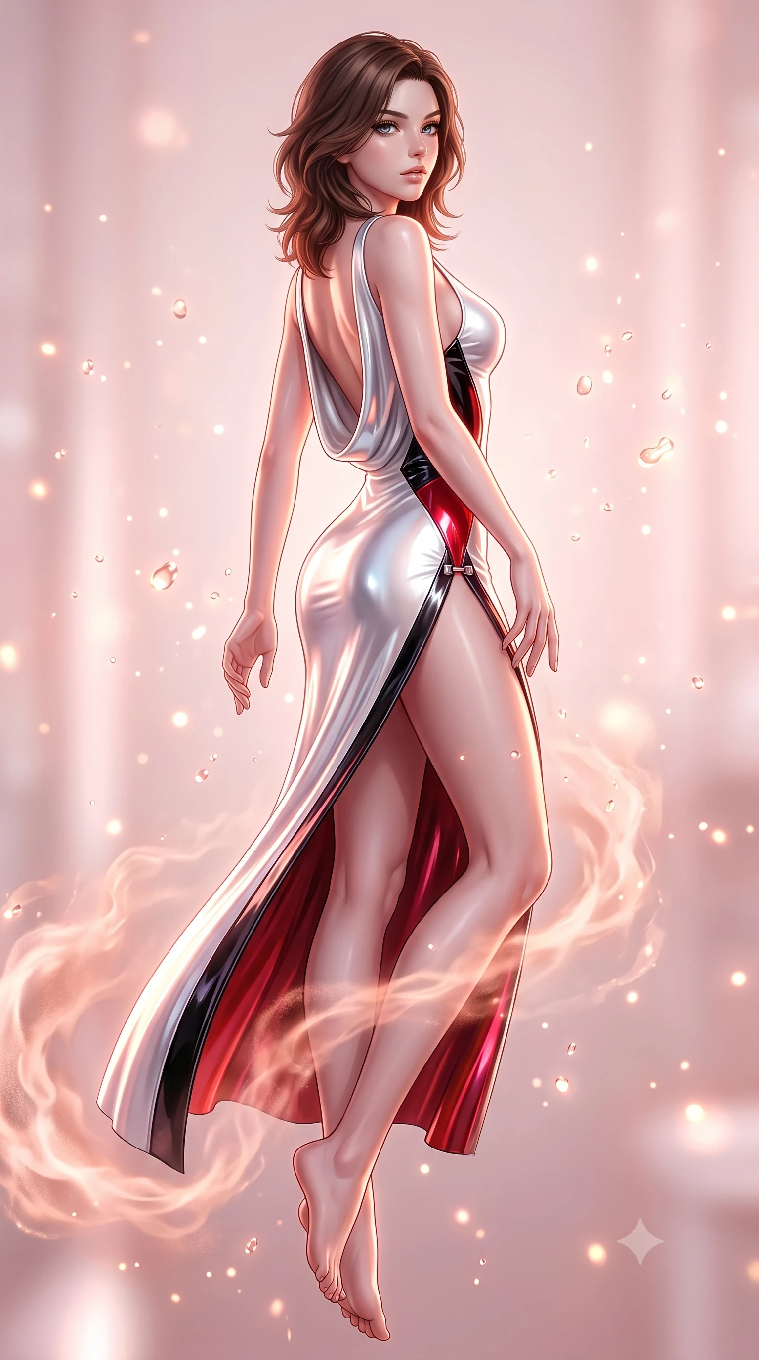 score_9, masterpiece, best quality, ultra-detailed, high-budget anime keyframe, semi-realistic 3D game render, editorial fashion photography, tasteful artistic composition, Korean woman. low angle full-body shot from head to toe showing her feet, filling the entire 9:16 vertical frame with her statuesque presence, stretching her vertical silhouette. arching her spine in a fluid zero-gravity turn with sovereign grace, her long slender legs and sculpted torso creating a sweeping line while stretching her slender torso in an alluring S-curve as warm rose-gold nano-mist vapors swirl around her bare legs. The composition keeps background elements in soft focus with creamy bokeh. glistening nano-fluid droplets scattering warm, glowing light motes across a luminous backdrop. She has an absolutely perfect, statuesque 8.5-heads proportion, an exceptionally tall and slender model-like female figure with impossibly long slender legs, a toned flat midriff, and an ultra-slim waist. sharp v-shaped jawline, high-bridge nose, intricate jewel-like eyes with depth, thick eyelashes, glossy lips with a natural sheen, flawlessly proportioned anatomical accuracy, strict slender model proportions, natural body alignment, perfectly sculpted long slender limbs, ultra-slim waistline, clean dynamic posture without body distortion. wearing a precision-fitted liquid jersey bodycon gown in radiant chrome and white, featuring an open cowl back and high side slit in high-gloss obsidian black and burning laser crimson accents, formed from high-gloss patent material with specular chiaroscuro reflections, finished with an ultra-high side slit secured by miniature magnetic clasps, the form-contouring material adhering flawlessly to her sculpted flat midriff and slender torso, emphasizing her long leg lines and perfectly proportioned willowy build. bathed in soft glowing rose-gold and pink nanotech ambient radiance with pure white key lighting. rich saturated anime colors with glowing neon highlights, detailed shading with soft gradients, rich glossy textures, high-contrast stereoscopic depth, volumetric dynamic lighting, master piece, 9:16 ratio