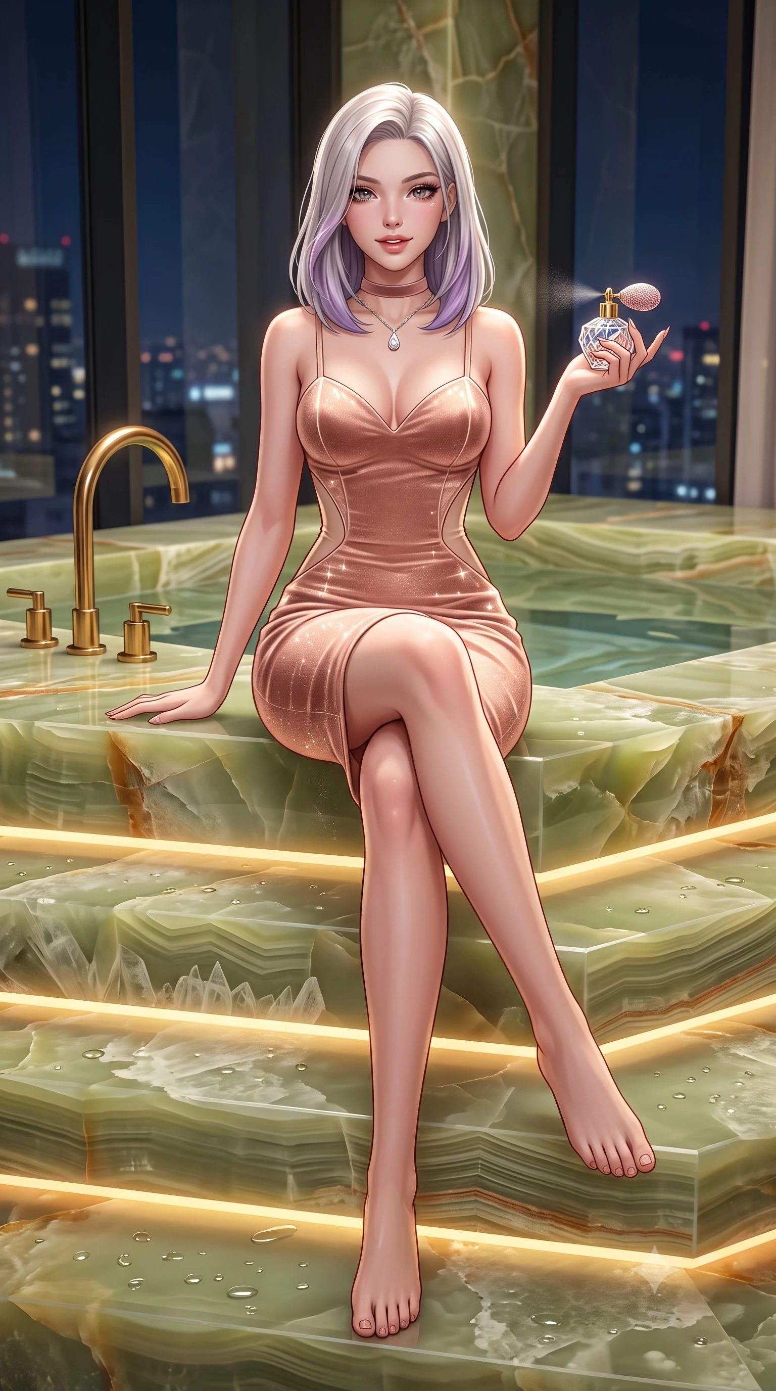 score_9, masterpiece, best quality, ultra-detailed, high-budget anime keyframe, semi-realistic 3D game render, editorial fashion photography, tasteful artistic composition, Caucasian woman. low angle full-body shot from head to toe showing her feet, filling the entire 9:16 vertical frame with her statuesque presence, stretching her vertical silhouette. lounging on the lavish daybed with legs crossed and hips angled toward the camera, displaying her toned midriff and long slender limbs with effortless siren poise while sitting perched on the wide stepped onyx platform with legs crossed, holding a crystal perfume atomizer with an enchanting, parted-lip smile. The surrounding environment is rendered in vivid detail and crisp panoramic clarity: sharp translucent banding in green onyx stone, polished brass gooseneck bath fixtures, and water droplets on stone in deep focus. She has an absolutely perfect, statuesque 8.5-heads proportion, an exceptionally tall and slender model-like female figure with impossibly long slender legs, an ultra-slim waist, a flat toned midriff, narrow delicate ribcage, and beautifully sculpted feminine hips creating a graceful, slim hourglass silhouette without any bulky heaviness. sharp v-shaped jawline, high-bridge nose, sparkling eyes with hypnotic seductive depth, thick curled eyelashes, glossy parted lips with a natural dewy peach sheen, alluring bedroom-eyes with an enchanting coquettish smile, exuding magnetic siren charisma and sophisticated glamour, flawlessly proportioned anatomical accuracy, strict slender model proportions, natural body alignment, perfectly sculpted long slender limbs, ultra-slim waistline, clean dynamic posture without body distortion. wearing a deep sweetheart-neckline velvet bodycon dress with sheer side-torso cutouts accentuating her hourglass curves in dusky blush peach and champagne crystal, woven from stretch metallic lurex jersey casting radiant starlight glints across her silhouette, finished with a thin velvet ribbon choker and a single teardrop diamond pendant, the form-contouring silhouette accentuating her sculpted flat midriff, narrow delicate ribcage, and gracefully curvy hips with intoxicating allure. bathed in soft 2700K concealed warm LED cove lighting beneath the stepped onyx platform mixed with exterior city ambient fill. highly saturated vibrant anime colors, detailed shading with soft gradients, rich glossy textures, high-contrast stereoscopic depth, volumetric dynamic lighting, master piece, 9:16 ratio
