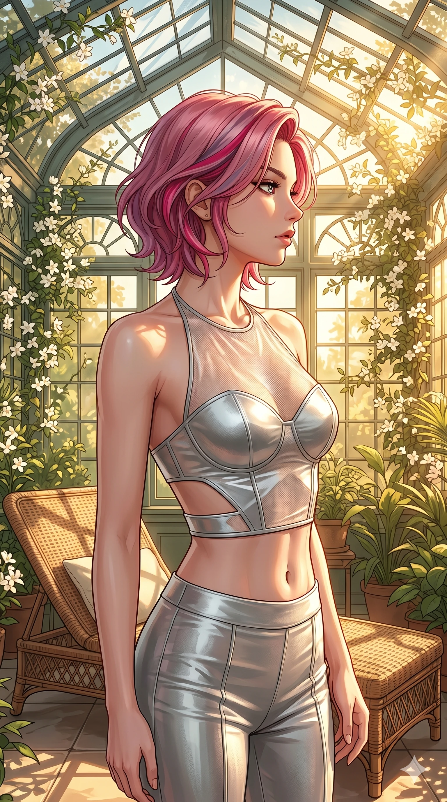 score_9, masterpiece, best quality, ultra-detailed, high-budget anime keyframe, editorial fashion photography, tasteful artistic composition, Caucasian woman, strictly human ears. cowboy shot from the thighs up, character and outfit filling the frame for maximum editorial presence. posing with quiet magnetic self-assurance, her face turned in a sharp profile against the golden light inside a sun-drenched greenhouse conservatory with climbing white jasmines and wicker chaise lounge (Code-P026). She has an absolutely perfect 8-heads proportion, an exceptionally tall and slender female figure with impossibly long slender legs and an ultra-slim waist. V-shaped jawline, high-bridge nose, intricate jewel-like eyes with depth, thick eyelashes, glossy lips with a natural sheen. wearing a sheer mesh crop halter top over a structured silver bustier with side cutouts showing her midriff. drenched in soft morning sunbeams filtering through the glass roof, highlighting her delicate clavicle. 2k, ultra detail, master piece, 9:16 ratio