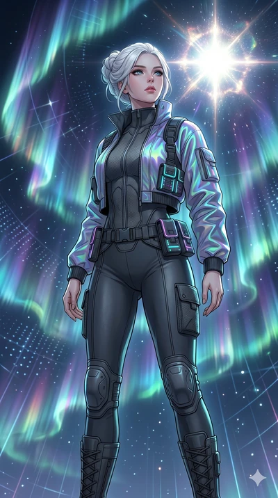 score_9, masterpiece, best quality, ultra-detailed, high-budget anime movie keyframe, cinematic anime lighting, intricate line art, Korean woman. Low angle cowboy shot filling the entire 9:16 frame with her statuesque presence. observing a supernova 