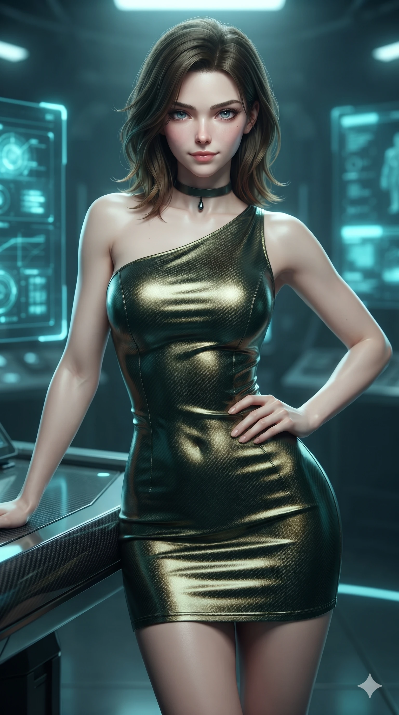 score_9, masterpiece, best quality, ultra-detailed, high-budget anime keyframe, editorial fashion photography, tasteful artistic composition, Korean woman. close-up cowboy shot from the waist and thighs up, the character dominates the composition, filling the frame with her large presence. holding a confident power pose with one hand on her hip, looking into the lens with smoldering intensity while leaning against the carbon-fiber console with hips cocked back, looking through lowered lashes with quiet, sovereign technological superiority. The background shows a soft-focus subterranean high-tech laboratory softened in cybernetic sanctuary shallow focus. She has an exceptionally elegant, slender, and willowy female figure with an ultra-slim waist, flat toned midriff, narrow ribcage, and sculpted feminine hips creating an alluring, slim hourglass silhouette without bulk. sharp v-shaped jawline, high-bridge nose, intricate jewel-like dark sparkling eyes with hypnotic seductive depth, thick curled eyelashes, glossy parted lips with a natural wine sheen, alluring bedroom-eyes with an enigmatic smoldering smile, exuding magnetic sovereign charisma and dark avant-garde glamour, flawlessly proportioned anatomical accuracy, strict slender model proportions, natural body alignment, perfectly sculpted long slender limbs, ultra-slim waistline, clean dynamic posture without body distortion. wearing an asymmetric one-shoulder liquid mercury metallic mini dress hugging her narrow waist and curvy hips in deep velvet forest green and antique brass, woven from matte carbon-fiber weave with high-tech structural hold, finished with a minimalist dark choker and a single teardrop pendant, the liquid-tight tailored fabric clinging flawlessly to her narrow waist and rounded feminine hips, emphasizing every millimeter of her sculpted slim hourglass curves without any bulky heaviness. surrounded by a cool cybernetic aura with intense edge lighting and glowing cyan stasis backlights. ultra-reflective glossy finish, specular highlights, metallic sheen, high-contrast stereoscopic depth, volumetric dynamic lighting, 2k, ultra detail, master piece, 9:16 ratio