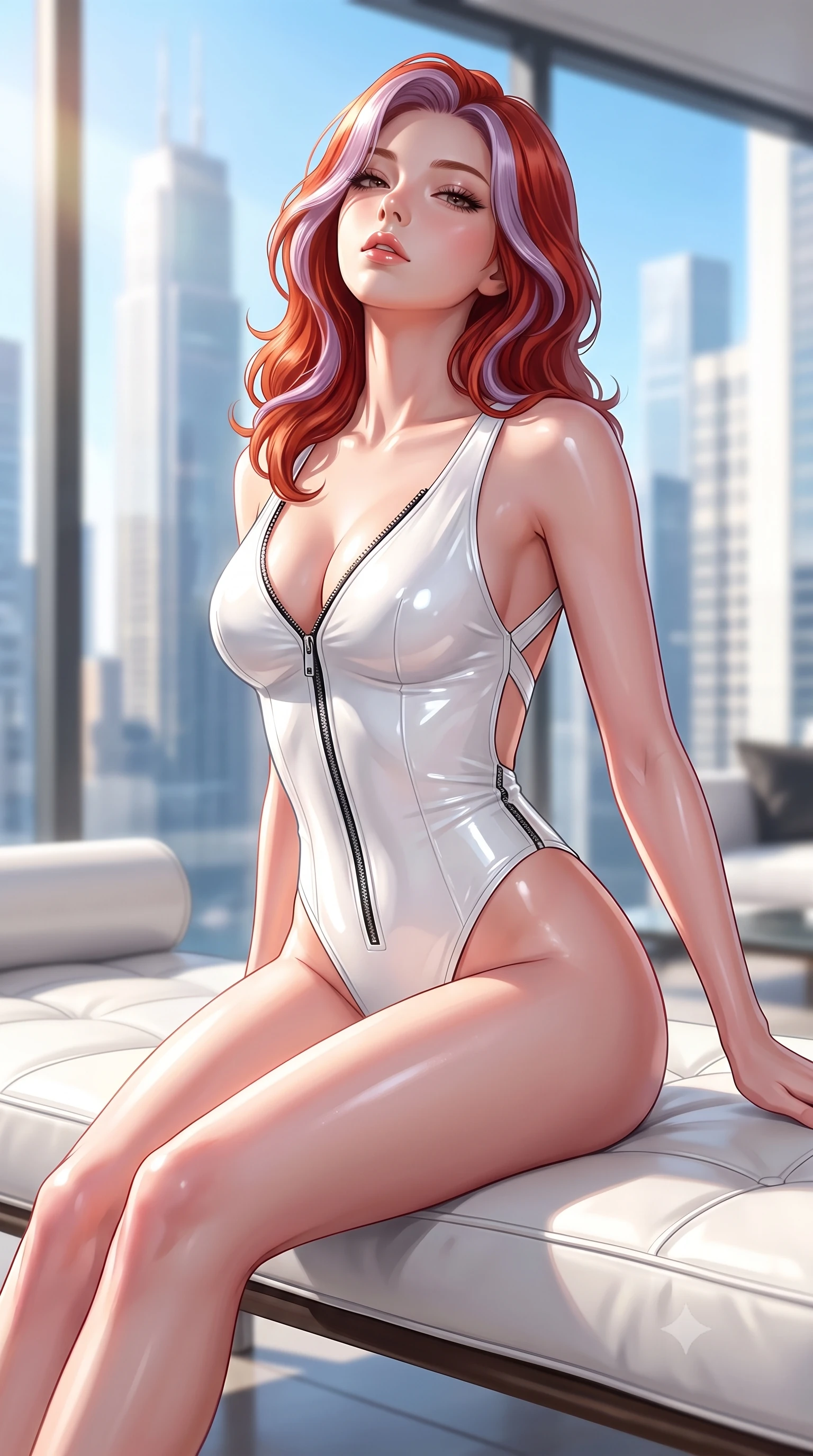 score_9, masterpiece, best quality, ultra-detailed, high-budget anime keyframe, semi-realistic 3D game render, editorial fashion photography, tasteful artistic composition, Caucasian woman. close-up cowboy shot from the waist and thighs up, the character dominates the composition, filling the frame with her large presence. tilting her head back with a sensual alluring expression, exposing her throat and shoulders to the camera with heavy lashes and softly parted glossy lips while stretching her long slender legs along a low white leather lounger as natural daylight floods the interior. The composition keeps background elements in soft focus with creamy bokeh. sunlit skyscraper towers and clear blue skies blurred into bright, clean high-key urban bokeh. She has an exceptionally elegant, slender, and willowy female figure with an ultra-slim waist, a gracefully sculpted slender torso, toned flat midriff, and a refined slim silhouette. sharp v-shaped jawline, high-bridge nose, intricate jewel-like eyes with depth, thick eyelashes, glossy lips with a natural sheen, flawlessly proportioned anatomical accuracy, strict slender model proportions, natural body alignment, perfectly sculpted long slender limbs, ultra-slim waistline, clean dynamic posture without body distortion. wearing a glossy white second-skin latex bodysuit with high-thigh cuts, exposed clavicle neckline, and gleaming zipper details in high-gloss monochrome white and sharp black contrast, formed from high-gloss patent material with specular light reflections, complemented by criss-cross back straps highlighting her completely bare spine, the sleek second-skin cut tightly hugging her graceful clavicle, narrow waist, and feminine curves with athletic precision. surrounded by a hyper-clean, sophisticated, and ultra-chic luxury editorial aura. highly saturated vibrant anime colors, detailed shading with soft gradients, rich glossy textures, high-contrast stereoscopic depth, volumetric dynamic lighting, master piece, 9:16 ratio