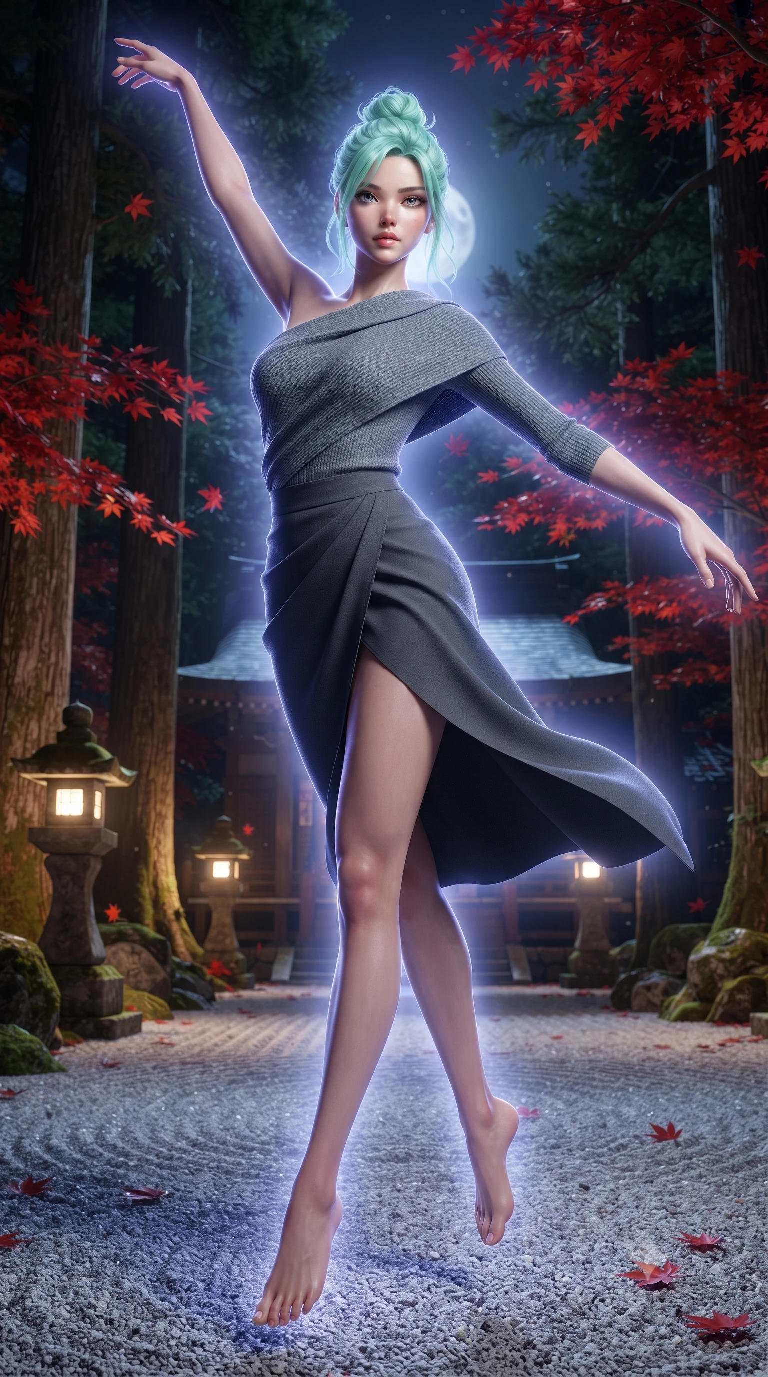 score_9, masterpiece, best quality, ultra-detailed, high-budget anime keyframe, editorial fashion photography, tasteful artistic composition, Japanese woman. low angle full-body shot from head to toe showing her feet, filling the entire 9:16 vertical frame with her statuesque presence, stretching her vertical silhouette. pirouetting mid-air inside a traditional Japanese Shinto shrine courtyard at night with stone lanterns casting warm pools of light ancient cedar trees autumn maple leaves in brilliant red and a raked gravel garden gleaming in moonlight. She has a statuesque 8.5-heads proportion, an exceptionally tall, slender and willowy model-like build with impossibly long legs and a highly sculpted ultra-slim waist. sharp v-shaped jawline, high-bridge nose, intricate jewel-like eyes with depth, thick eyelashes, glossy lips with a natural sheen. wearing an asymmetric draped knit top in slate grey, paired with a matching high-waisted charcoal wrap skirt wrapping her hips. cool ethereal blue-violet bioluminescent glow wrapping around her from all sides. 2k, ultra detail, master piece, 9:16 ratio