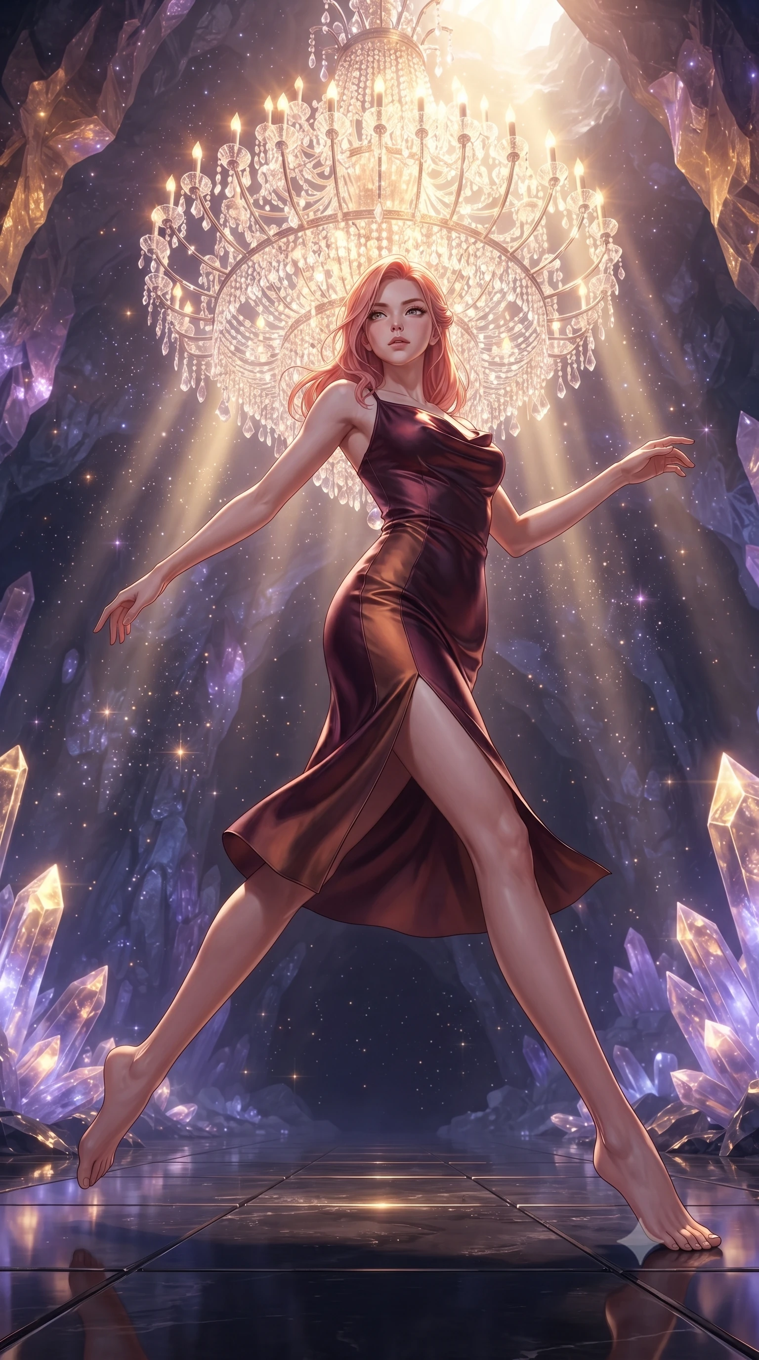 score_9, masterpiece, best quality, ultra-detailed, high-budget anime keyframe, editorial fashion photography, tasteful artistic composition, Japanese woman. low angle full-body shot from head to toe showing her feet, filling the entire 9:16 vertical frame with her statuesque presence, stretching her vertical silhouette. leaping gracefully through the environment with statuesque elegance and long slender legs poised beneath a giant crystal chandelier refracting subterranean sunlight, glowing mineral dust shimmering like stars in the quiet cavern air. She has an absolutely perfect, statuesque 8.5-heads proportion, an exceptionally tall and slender model-like female figure with impossibly long slender legs and an ultra-slim waist. sharp v-shaped jawline, high-bridge nose, intricate jewel-like eyes with depth, thick eyelashes, glossy lips with a natural sheen. wearing an elegant cowl-neck satin midi dress with a draped neckline in deep burgundy and bronze, made of fine carbon-fiber weave and soft matte leather, finished with a sleek side slit ascending to mid-thigh, the sleek second-skin texture accentuating her magnetic presence. lit by warm golden sunlight colliding with cool violet crystal illumination. ultra-reflective glossy finish, specular highlights, metallic sheen, high-contrast stereoscopic depth, volumetric dynamic lighting, 2k, ultra detail, master piece, 9:16 ratio