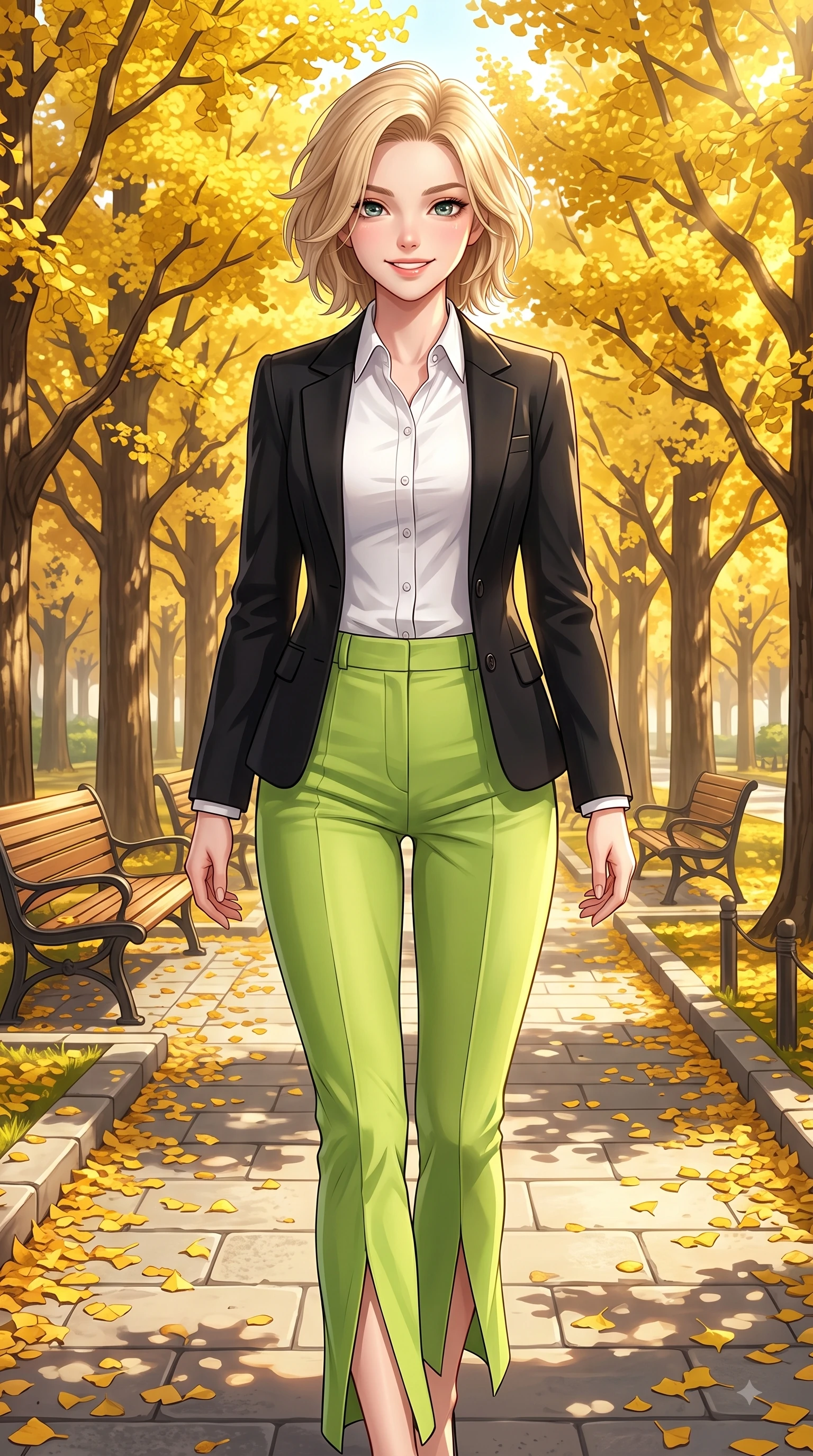 score_9, masterpiece, best quality, ultra-detailed, high-budget anime keyframe, editorial fashion photography, tasteful artistic composition, Caucasian woman. close-up cowboy shot from the waist and thighs up, the character dominates the composition, filling the frame with her large presence. Youthful cheerful smile exuding cute playful charm and radiant sparkle in her eyes while walking dynamically down a sunlit park avenue lined with golden yellow ginkgo trees. The surrounding environment is rendered in vivid detail and crisp panoramic clarity. intricate leaf vein textures, classic wooden park benches, and stone park paths in sharp resolution. She has an exceptionally elegant, slender, and willowy female figure with an ultra-slim waist, a gracefully sculpted slender torso, and a refined silhouette. sharp v-shaped jawline, high-bridge nose, intricate jewel-like eyes with depth, thick eyelashes, glossy lips with a natural sheen, flawlessly proportioned anatomical accuracy, natural body alignment, perfectly sculpted elegant limbs, clean dynamic posture without body distortion. wearing a sleek jet black tailored blazer over a crisp white button-down and trousers in bright lime green and sleek jet black, tailored from crisp high-density cotton poplin, finished with a sleek side slit ascending to mid-thigh, the form-contouring material accentuating her ultra-slim waist and long lines. bathed in brilliant golden autumn sunlight and warm tree canopy backlighting. highly saturated vibrant anime colors, detailed shading with soft gradients, rich glossy textures, high-contrast stereoscopic depth, volumetric dynamic lighting, master piece, 9:16 ratio