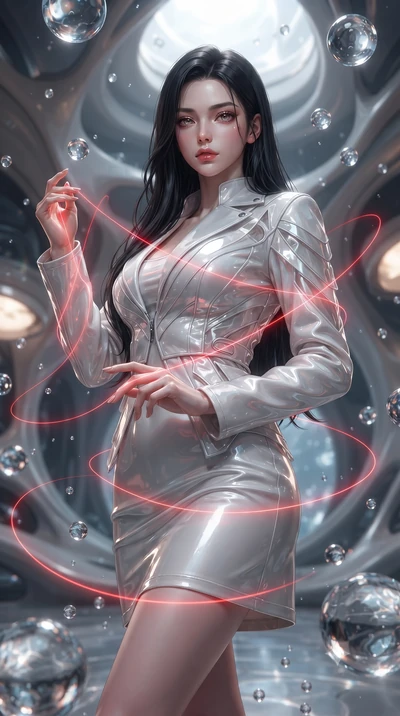 score_9, masterpiece, best quality, ultra-detailed, High-budget Anime Keyframe, editorial fashion photography, tasteful artistic composition, realistic cosplay photography, East Asian woman. Low angle cowboy shot filling the entire 9:16 frame with he