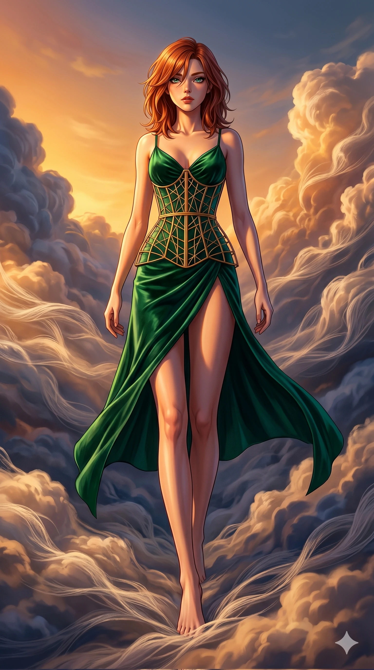 score_9, masterpiece, best quality, ultra-detailed, high-budget anime keyframe, Caucasian woman, strictly human ears. low angle full-body shot filling the entire 9:16 frame with her statuesque presence, stretching the vertical silhouette. threading through a volumetric cloud weave where storm clouds are spun like silk thread under a dramatic sunset glow. She has an absolutely perfect 8-heads proportion, an exceptionally tall and slender female figure with impossibly long slender legs and an ultra-slim waist. V-shaped jawline, high-bridge nose, intricate jewel-like eyes with depth, thick eyelashes, glossy lips with a natural sheen.. wearing a mathematical gold wire cage corset and an emerald green silk velvet slip dress with a thigh-high side slit. accented by dynamic color-blocked lighting with high-contrast shadows emphasizing her statuesque height. 2k, ultra detail, master piece, 9:16 ratio