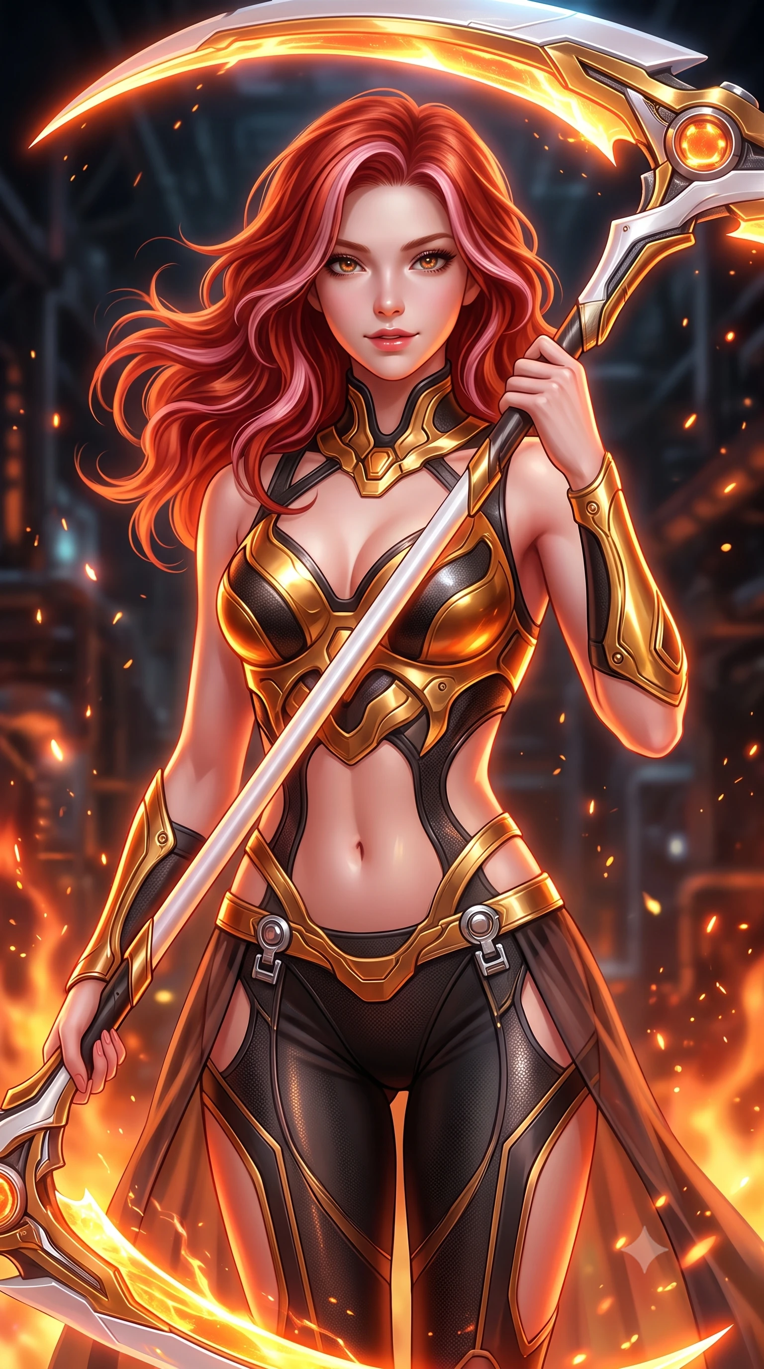 score_9, masterpiece, best quality, ultra-detailed, high-budget anime keyframe, semi-realistic 3D game render, editorial fashion photography, tasteful artistic composition, Caucasian woman. close-up cowboy shot from the waist and thighs up, the character dominates the composition, filling the frame with her large presence. gazing forward with divine sovereign poise, captivating jewel-like eyes shining with transcendent focus while holding her weapon with effortless mastery while resting the long scythe haft against her shoulder with an alluring, dangerous smile looking directly into the camera. The composition keeps background elements in soft focus with creamy bokeh. blazing plasma sparks and heat haze scattering glowing light motes across a dark industrial backdrop. She has an exceptionally elegant, slender, and willowy female figure with an ultra-slim waist, a gracefully sculpted slender torso, toned flat midriff, and a refined slim silhouette. sharp v-shaped jawline, high-bridge nose, intricate jewel-like eyes with depth, thick eyelashes, glossy lips with a natural sheen, flawlessly proportioned anatomical accuracy, strict slender model proportions, natural body alignment, perfectly sculpted long slender limbs, ultra-slim waistline, clean dynamic posture without body distortion. wearing a sculpted molten-gold and dark carbon cuirass paired with high-mobility combat leggings and sheer side drapes, wielding a glowing plasma energy scythe with fluid grace in arctic white carbon composite with radiant solar gold plating, made of lightweight aerodynamic carbon-titanium alloy with polished edge bevels, detailed with magnetic weapon holsters and polished chrome connection clasps, the precision-cut daring openings accentuating her delicate midriff, graceful bare collarbones, and ultra-slim feminine waistline. bathed in blazing orange magma uplights and intense molten plasma scythe glow. rich saturated anime colors with glowing neon highlights, detailed shading with soft gradients, rich glossy textures, high-contrast stereoscopic depth, volumetric dynamic lighting, master piece, 9:16 ratio