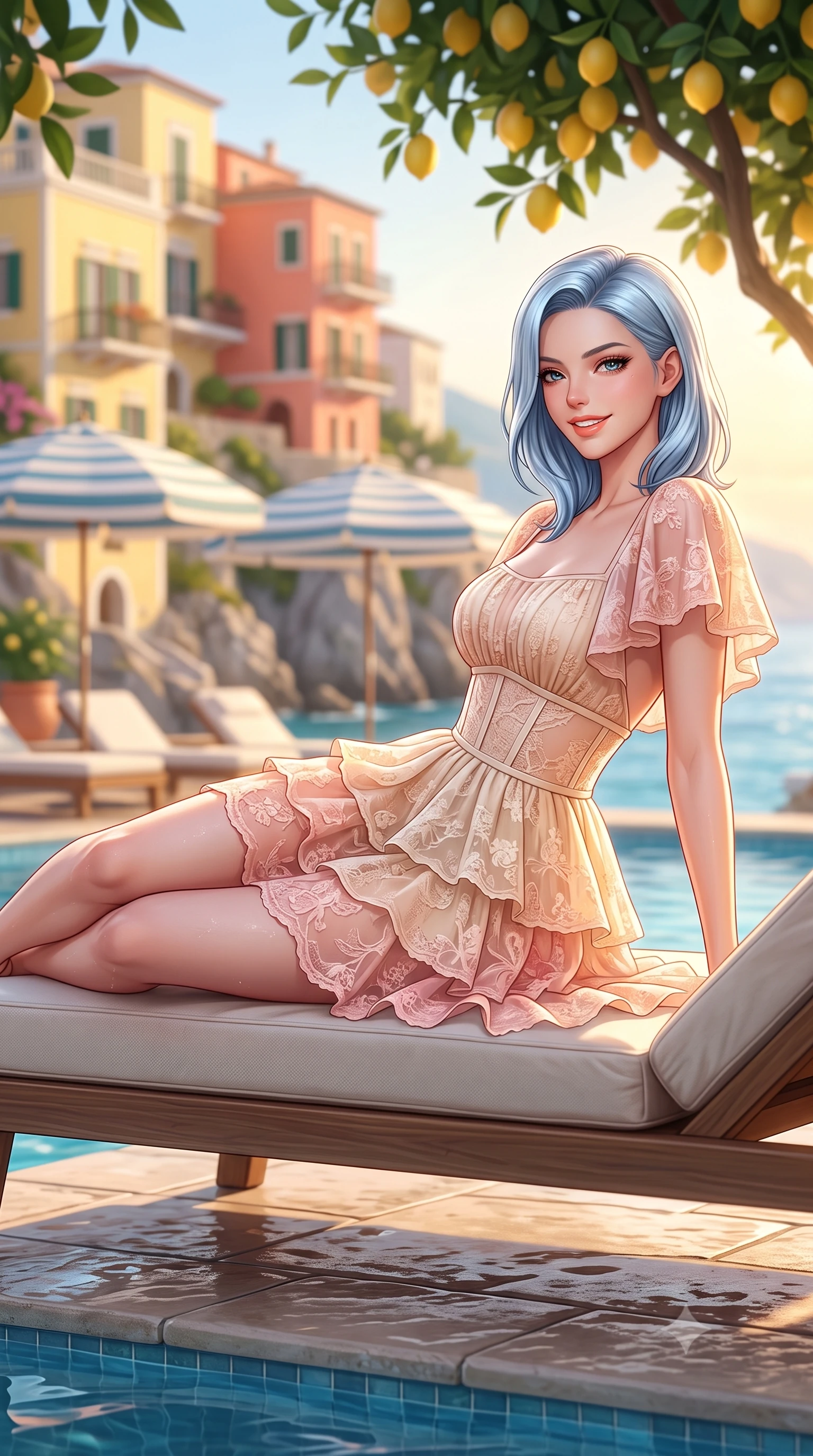 score_9, masterpiece, best quality, ultra-detailed, high-budget anime keyframe, semi-realistic 3D game render, editorial fashion photography, tasteful artistic composition, Korean woman. low angle full-body shot from head to toe showing her feet, filling the entire 9:16 vertical frame with her statuesque presence, stretching her vertical silhouette. reclining languidly on her side across the sunbed with one knee drawn up, her radiant smile and arched hip curve commanding the 9:16 vertical frame with youthful sensual charisma while sitting on the edge of a cliffside mineral plunge pool shaded by fragrant lemon trees, arching her back with a radiant cute smile and wet hips. The composition keeps background elements in soft focus with dreamy creamy bokeh. cascading pastel yellow and coral cliffside villas, striped beach umbrellas, and azure sea blurred into lemon-yellow, peach, and sapphire bokeh. She has an exceptionally tall and slender model-like 8.5-heads proportion, an ultra-slim waist, a flat toned midriff, narrow delicate ribcage, and beautifully sculpted feminine hips creating a graceful, slim hourglass silhouette without any bulky heaviness, with impossibly long slender legs. sharp v-shaped jawline, high-bridge nose, intricate jewel-like sparkling eyes with depth, thick eyelashes, glossy parted lips with a natural peach sheen, bright cheerful beaming smile with an enchanting and coquettish sensual glint, exuding both youthful cute charm and seductive allure, flawlessly proportioned anatomical accuracy, strict slender model proportions, natural body alignment, perfectly sculpted long slender limbs, ultra-slim waistline, clean dynamic posture without body distortion. wearing a tiered ruffled chiffon mini dress with a fitted corseted waist and open back in pastel peach blossom pink and warm champagne ivory, made of sheer contouring stretch lace with delicate floral patterns, featuring elegant flutter sleeves and a graceful square neckline, the form-contouring cut accentuating her sculpted flat midriff, narrow delicate ribcage, and gracefully curvy hips with supermodel precision. bathed in glorious golden hour Mediterranean sunset backlighting reflecting off pastel cliffside houses. highly saturated vibrant anime colors, detailed shading with soft gradients, rich glossy textures, high-contrast stereoscopic depth, volumetric dynamic lighting, master piece, 9:16 ratio