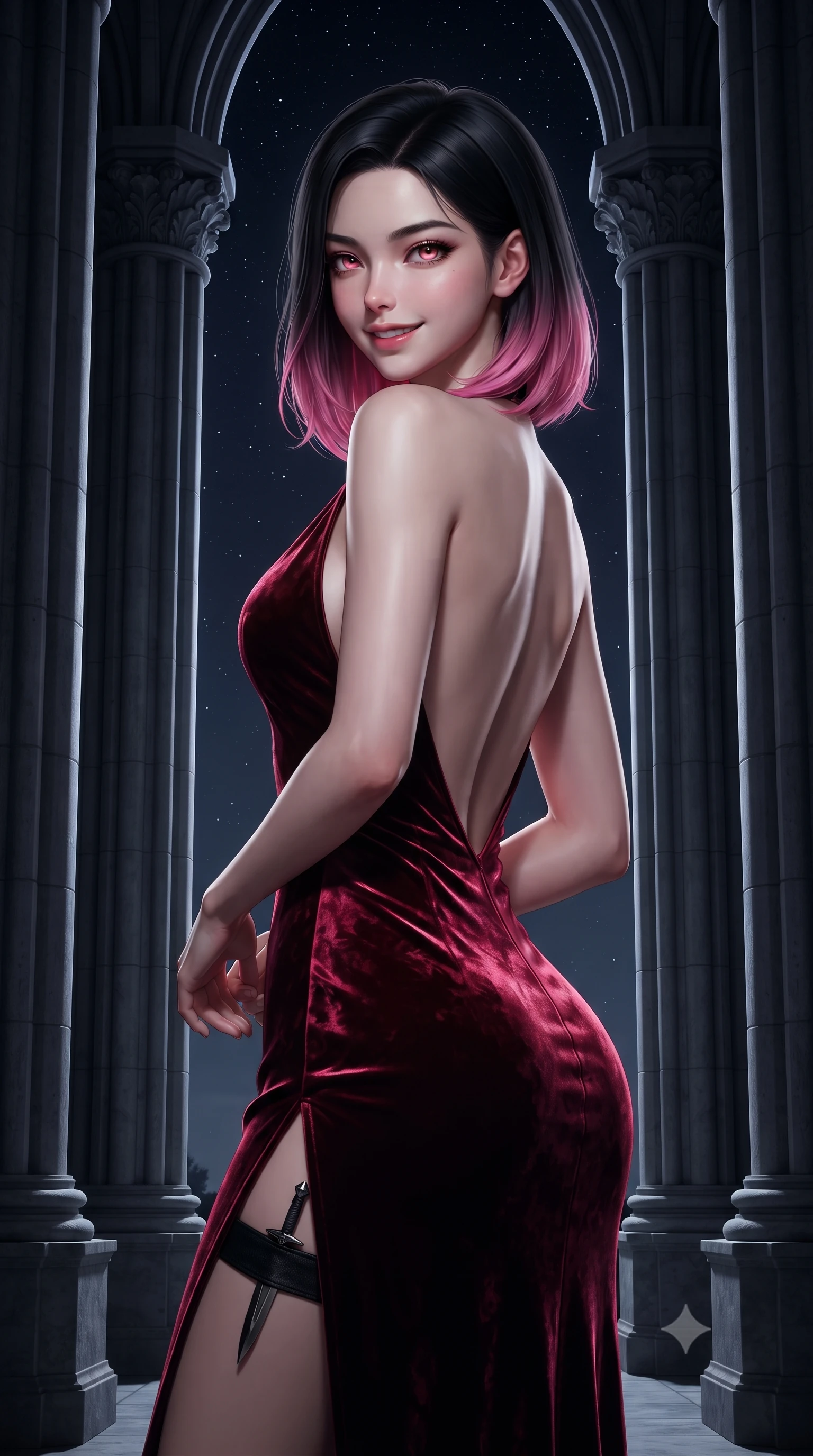 score_9, masterpiece, best quality, ultra-detailed, high-budget anime keyframe, editorial fashion photography, tasteful artistic composition, Korean woman. close-up cowboy shot from the waist and thighs up, the character dominates the composition, filling the frame with her large presence. turning over a bare shoulder with an intoxicating, teasing smile, her soft hair framing her sharp jawline as she looks back while standing poised between towering fluted stone columns, eyes glowing with hypnotic intensity under the velvet night sky. The surrounding environment is rendered in vivid detail and crisp panoramic clarity. monumental high-contrast gothic chiaroscuro and sacred nocturnal architecture in sharp clarity. She has an exceptionally elegant, slender, and willowy female figure with an ultra-slim waist, a gracefully sculpted slender torso, toned flat midriff, and a refined slim silhouette. sharp v-shaped jawline, high-bridge nose, intricate jewel-like eyes with depth, thick eyelashes, glossy parted lips with a natural sheen, intensely captivating and seductive expression, flawlessly proportioned anatomical accuracy, strict slender model proportions, natural body alignment, perfectly sculpted long slender limbs, ultra-slim waistline, clean dynamic posture without body distortion. wearing a plunging-V neckline crushed velvet corseted evening gown with an open scooped back and high-cut thigh slit in dramatic crimson and polished obsidian, crafted from heavyweight crushed silk velvet with liquid luster, equipped with a concealed dagger sheath garter under her slit skirt, the dramatically scooped open back descending to the base of her spine, accentuating her razor-sharp statuesque lines and slim hourglass silhouette. surrounded by an immortal, transcendent, and breathtakingly majestic gothic siren aura. ultra-reflective glossy finish, specular highlights, rich textural contrasts, high-contrast stereoscopic depth, volumetric dynamic lighting, 2k, ultra detail, master piece, 9:16 ratio