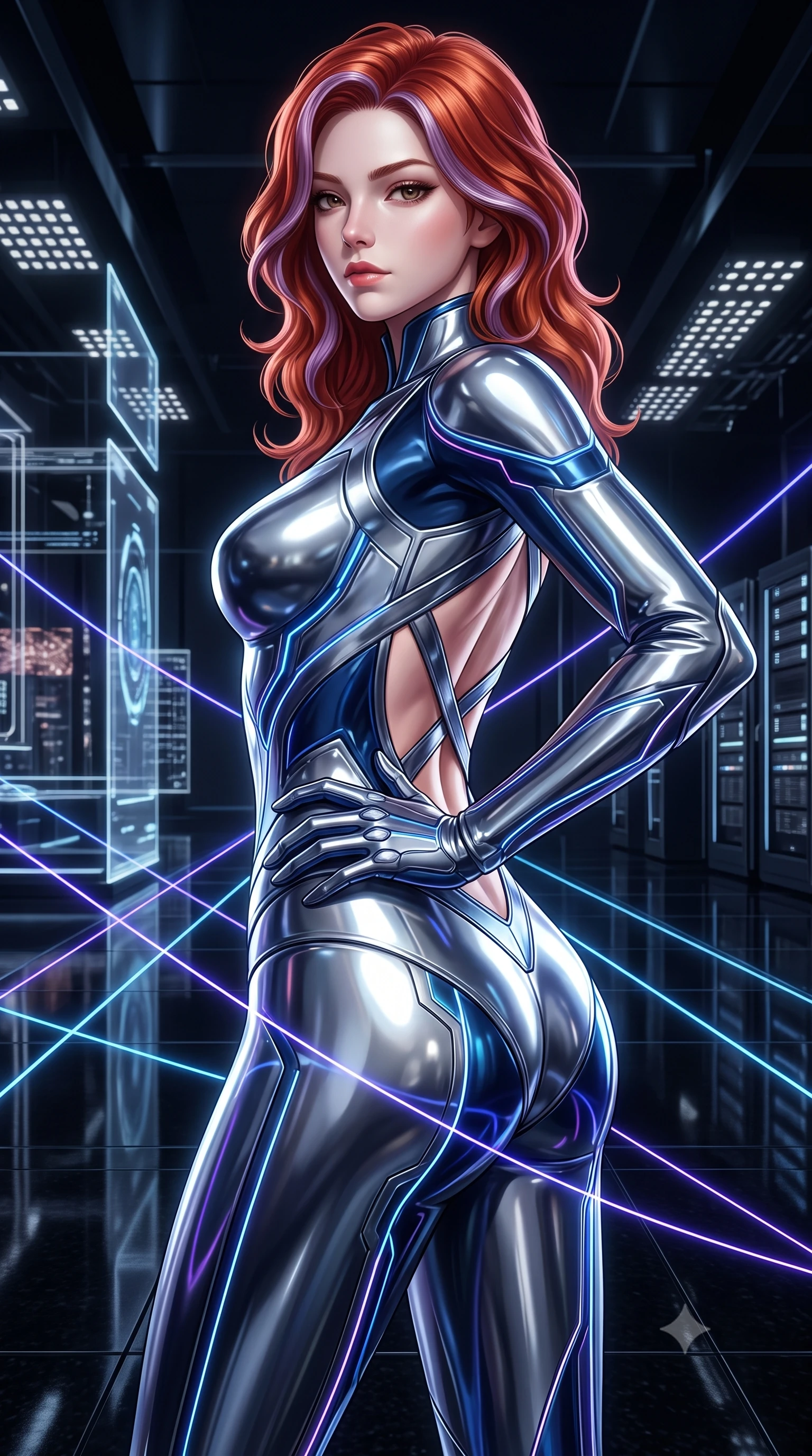 score_9, masterpiece, best quality, ultra-detailed, high-budget anime keyframe, editorial fashion photography, tasteful artistic composition, Caucasian woman. close-up cowboy shot from the waist and thighs up, the character dominates the composition, filling the frame with her large presence. twisting her upper body in a dynamic S-curve with commanding allure, one hand resting on her slender waist with haughty grace while pivoting dynamically on a reflective black granite floor as criss-crossing neon laser lines trace her statuesque contour. The surrounding environment is rendered in vivid detail and crisp panoramic clarity. high-contrast minimalist chiaroscuro and cutting-edge cybernetic precision rendered with sharpness. She has an exceptionally elegant, slender, and willowy female figure with an ultra-slim waist, a gracefully sculpted slender torso, toned flat midriff, and a refined slim silhouette. sharp v-shaped jawline, high-bridge nose, intricate jewel-like eyes with depth, thick eyelashes, glossy lips with a natural sheen, flawlessly proportioned anatomical accuracy, strict slender model proportions, natural body alignment, perfectly sculpted long slender limbs, ultra-slim waistline, clean dynamic posture without body distortion. wearing an aerodynamic sculpted liquid-chrome bodysuit with glowing neon fiber-optic circuitry and an elegant high-fashion cut in liquid platinum silver and deep sapphire blue LED filaments, formed from high-gloss patent material with specular chiaroscuro reflections, complemented by criss-cross back straps highlighting her completely bare spine, the glove-like aerodynamic second-skin fit tightly clinging to her ultra-slender waist and athletic curves without adding bulk, accentuating her razor-sharp statuesque lines and slim hourglass silhouette. illuminated by crisp directional key light with sharp specular highlights tracing her slender curves. ultra-reflective glossy finish, specular highlights, dark metallic sheen, high-contrast stereoscopic depth, volumetric dynamic lighting, 2k, ultra detail, master piece, 9:16 ratio