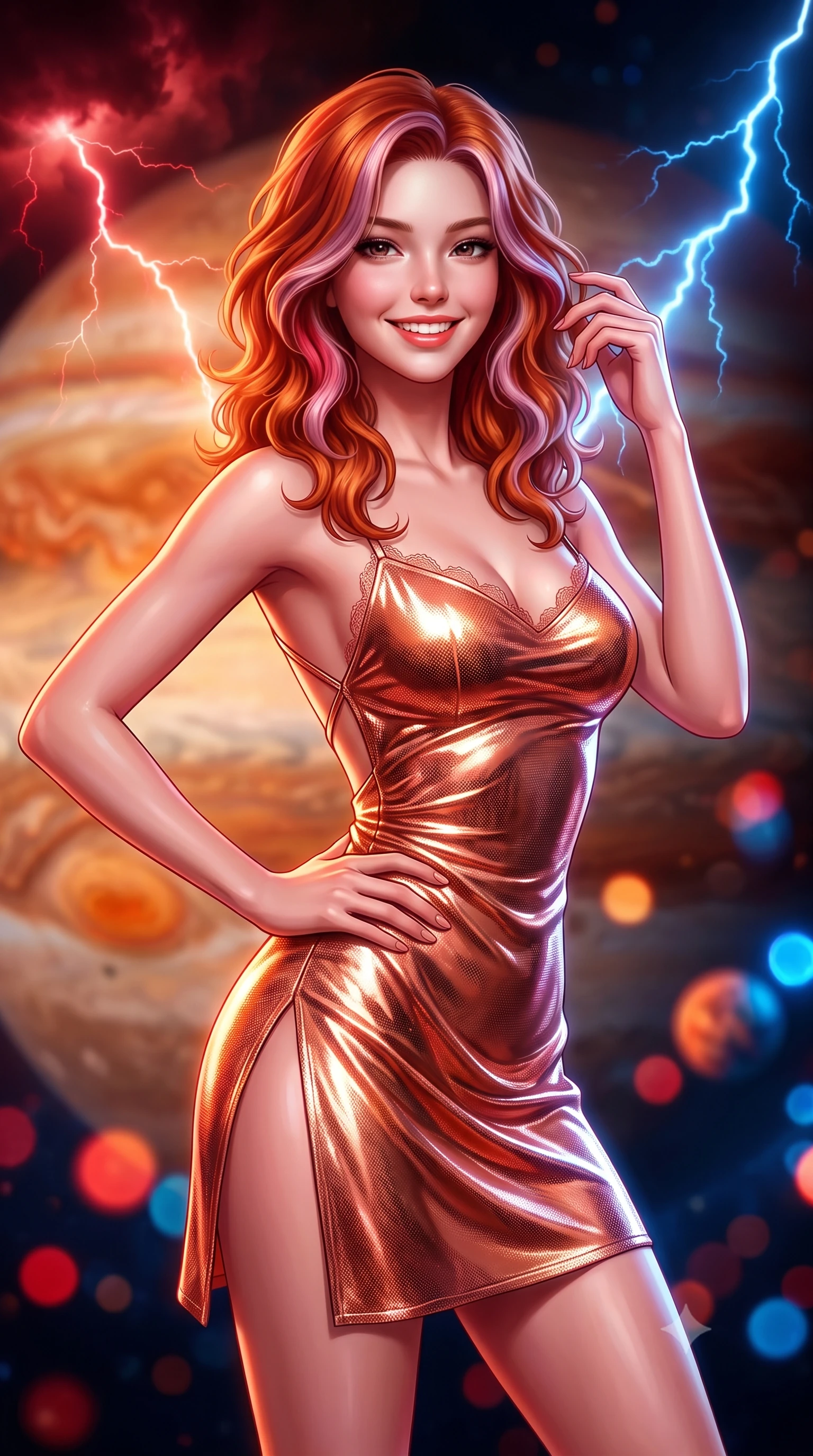score_9, masterpiece, best quality, ultra-detailed, high-budget anime keyframe, semi-realistic 3D game render, editorial fashion photography, tasteful artistic composition, Caucasian woman. close-up cowboy shot from the waist and thighs up, the character dominates the composition, filling the frame with her large presence. twisting her slender torso in an alluring contrapposto stance, one hand resting on her sculpted hip while her fingers toy with her hair with effortless poise while twisting her slender torso in an alluring S-curve, crimson storm clouds and blue lightning pulses painting dynamic highlights across her flat midriff and hips. The background shows a soft-focus churning amber and terracotta cloud bands of Jupiter, crackling mega-lightning bolts, and distant orbital moons blurred into crimson, tangerine, and electric blue bokeh. She has an exceptionally elegant, slender, and willowy female figure with an ultra-slim waist, flat toned midriff, narrow ribcage, and sculpted feminine hips creating an alluring, slim hourglass silhouette without bulk. sharp v-shaped jawline, high-bridge nose, intricate jewel-like sparkling eyes with depth, thick eyelashes, glossy parted lips with a natural peach sheen, bright cheerful beaming smile with an enchanting and coquettish sensual glint, exuding both youthful cute charm and seductive allure, flawlessly proportioned anatomical accuracy, strict slender model proportions, natural body alignment, perfectly sculpted long slender limbs, ultra-slim waistline, clean dynamic posture without body distortion. wearing a backless liquid foil mini dress with criss-cross spinal straps and daring side slit in high-gloss rose-gold and burnished copper, crafted from stretch micro-mesh with liquid foil coating that shimmers with every movement, finished with scalloped eyelash lace trim framing her sweetheart neckline with intimate elegance, the high-slit wrap tailoring accentuating her ultra-slim waistline and the enchanting curve of her feminine hips with alluring seductive charm. bathed in rich amber and vermilion planetary atmospheric glow contrasted with sharp intermittent electric-blue lightning flashes. highly saturated vibrant anime colors, detailed shading with soft gradients, rich glossy textures, high-contrast stereoscopic depth, volumetric dynamic lighting, master piece, 9:16 ratio