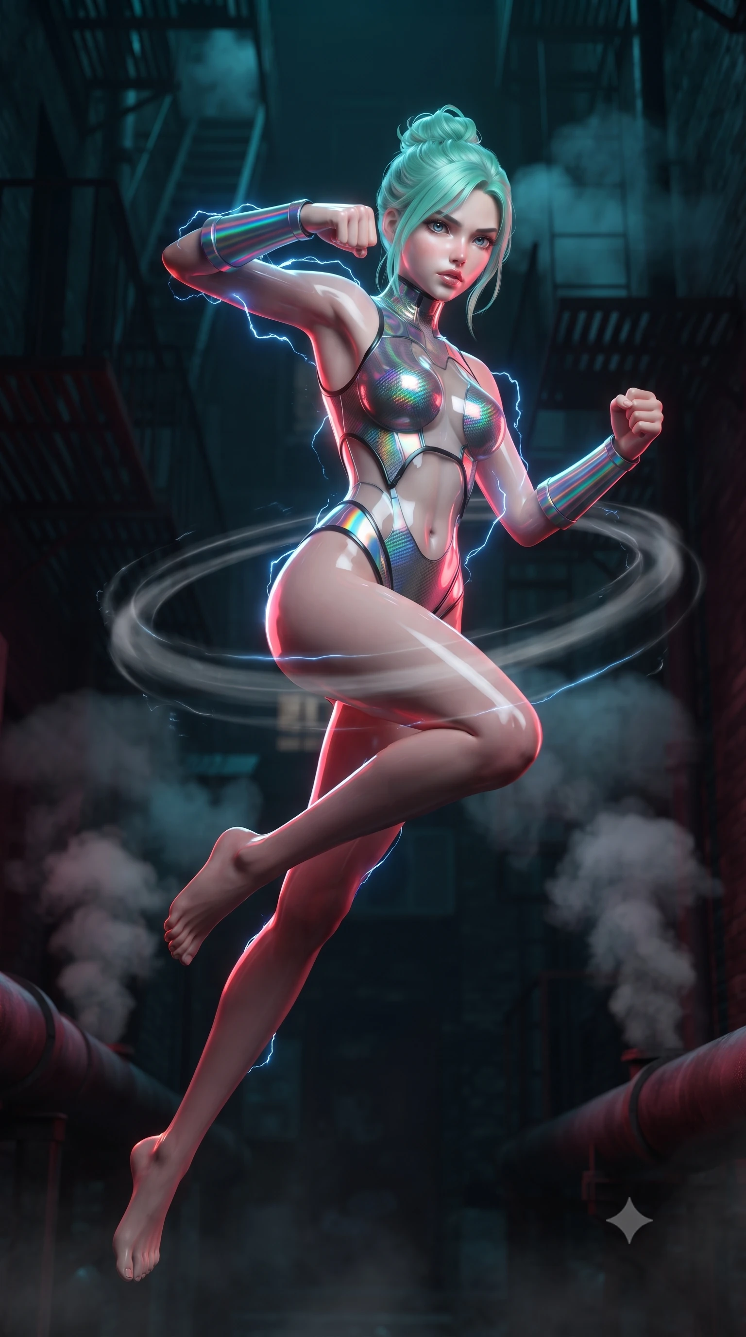 score_9, masterpiece, best quality, ultra-detailed, high-budget anime keyframe, editorial fashion photography, tasteful artistic composition, Japanese woman. low angle full-body shot from head to toe showing her feet, filling the entire 9:16 vertical frame with her statuesque presence, stretching her vertical silhouette. leaping into mid-air with an athletic yet alluring arch of her spine, driving a downward kinetic strike surrounded by a ring of displaced air while arching her spine in a fluid S-curve martial roll between steam pipes as blue electricity illuminates her sleek silhouette. The composition keeps background elements in soft focus with creamy bokeh. dark alleyway fire escapes and rising steam plumes softened in moody shallow focus. She has an absolutely perfect, statuesque 8.5-heads proportion, an exceptionally tall and slender model-like female figure with impossibly long slender legs, a toned flat midriff, and an ultra-slim waist. sharp v-shaped jawline, high-bridge nose, intricate jewel-like eyes with depth, thick eyelashes, glossy lips with a natural sheen, flawlessly proportioned anatomical accuracy, strict slender model proportions, natural body alignment, perfectly sculpted long slender limbs, ultra-slim waistline, clean dynamic posture without body distortion. wearing a high-gloss iridescent rainbow carbon-weave bodysuit with translucent cybernetic panels and Damascus-steel forearm bracers in high-gloss iridescent rainbow carbon with prism holographic sheen, made of liquid carbon-jersey fabric adhering flawlessly to her sculpted silhouette, finished with high-mobility flexible limb seams and miniature magnetic armor locks, the precision-cut daring openings accentuating her delicate midriff, graceful bare collarbones, and ultra-slim feminine waistline. bathed in vivid high-contrast neon crimson and deep cyan ambient rim lighting. ultra-reflective glossy finish, specular highlights, dark metallic sheen, high-contrast stereoscopic depth, volumetric dynamic lighting, 2k, ultra detail, master piece, 9:16 ratio