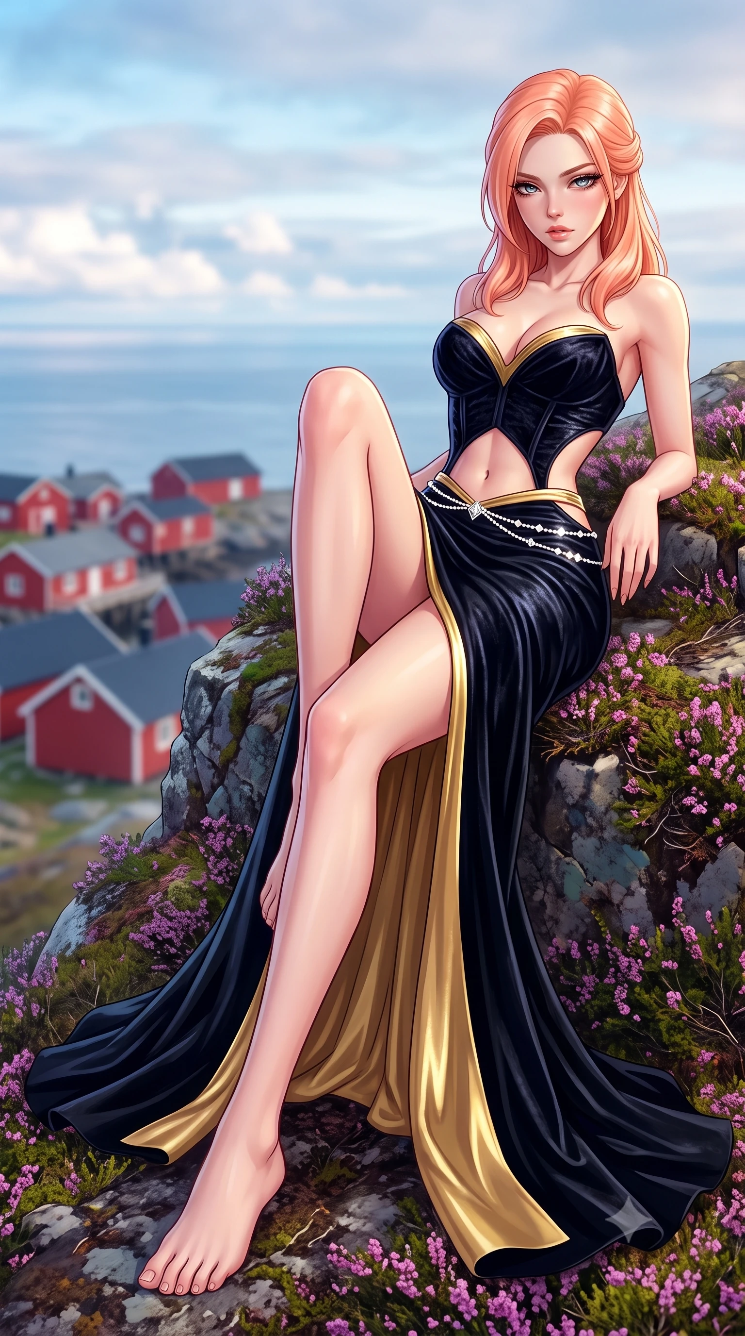 score_9, masterpiece, best quality, ultra-detailed, high-budget anime keyframe, semi-realistic 3D game render, editorial fashion photography, tasteful artistic composition, Japanese woman. low angle full-body shot from head to toe showing her feet, filling the entire 9:16 vertical frame with her statuesque presence, stretching her vertical silhouette. reclining on her side in an elegant Cleopatra pose with one knee drawn up, the dramatic contour of her rounded hips and long slender legs commanding the 9:16 vertical frame while reclining on the heather-covered mountain ledge with legs crossed, her long slender legs and narrow waist highlighted against the clustered red rorbu cabins below. The composition keeps background elements in soft focus with creamy bokeh. midnight sun clouds and distant sea horizons softened in ethereal Arctic shallow focus. She has an exceptionally tall and slender model-like 8.5-heads proportion, an ultra-slim waist, a flat toned midriff, narrow delicate ribcage, and beautifully sculpted feminine hips creating a graceful, slim hourglass silhouette without any bulky heaviness, with impossibly long slender legs. sharp v-shaped jawline, high-bridge nose, intricate jewel-like eyes with depth, thick eyelashes, glossy parted lips with a natural sheen, intensely captivating and seductive bedroom-eyes expression, flawlessly proportioned anatomical accuracy, strict slender model proportions, natural body alignment, perfectly sculpted long slender limbs, ultra-slim waistline, clean dynamic posture without body distortion. wearing a deep sweetheart neckline crushed velvet corseted ballgown with an exposed midriff cutout in midnight obsidian black and liquid gold, tailored from water-resistant treated wool gabardine and flexible stretch silk, accented with a dainty diamond waist chain catching the ambient light reflections, the form-contouring material adhering flawlessly to her sculpted flat midriff and slender torso, emphasizing her long leg lines and perfectly proportioned willowy build. illuminated by cool fjord water ambient fill contouring her razor-sharp jawline, narrow waist, and curvy hips. highly saturated vibrant anime colors, detailed shading with soft gradients, rich glossy textures, high-contrast stereoscopic depth, volumetric dynamic lighting, master piece, 9:16 ratio