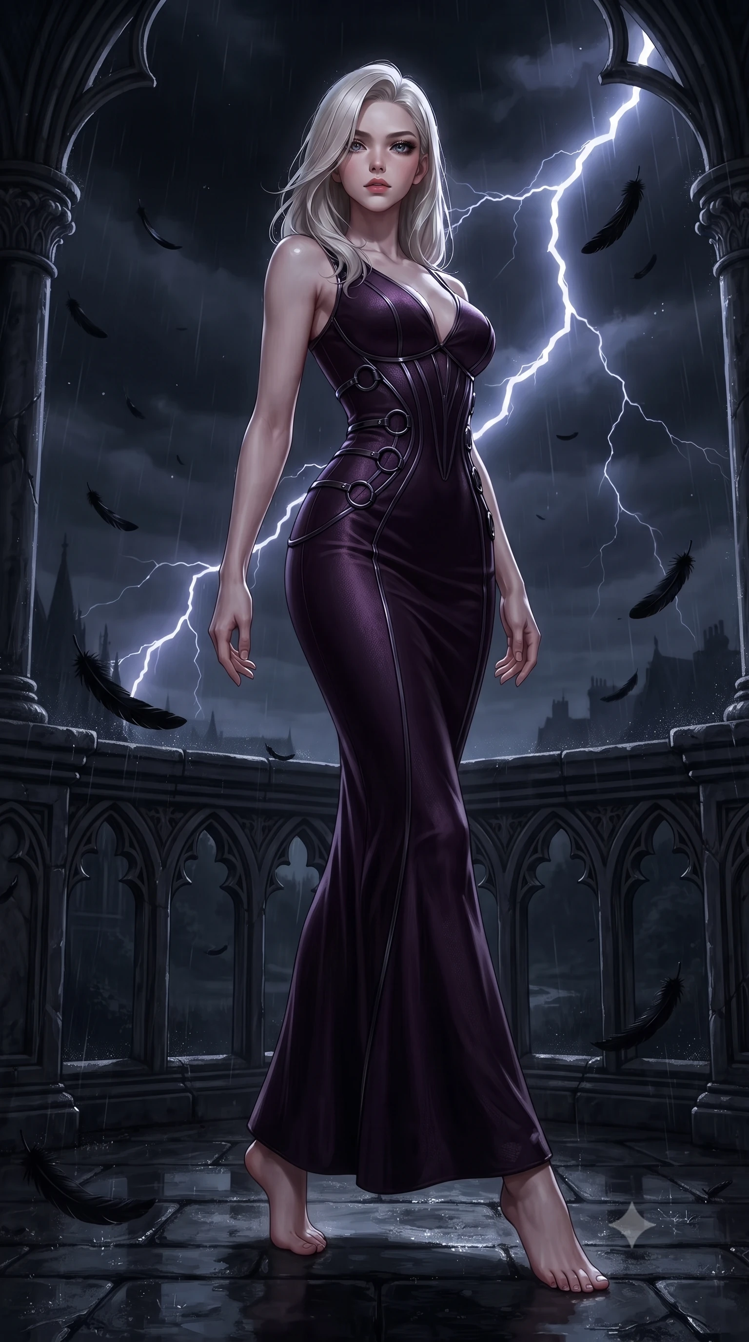 score_9, masterpiece, best quality, ultra-detailed, high-budget anime keyframe, editorial fashion photography, tasteful artistic composition, Caucasian woman. low angle full-body shot from head to toe showing her feet, filling the entire 9:16 vertical frame with her statuesque presence, stretching her vertical silhouette. stepping gracefully through the dark environment, stretching her statuesque silhouette, standing on a dark gothic stone balcony overlooking a stormy midnight countryside, black raven feathers drifting gracefully through cold rainy night air. She has an absolutely perfect, statuesque 8.5-heads proportion, an exceptionally tall and slender model-like female figure with impossibly long slender legs and an ultra-slim waist. sharp v-shaped jawline, high-bridge nose, intricate jewel-like eyes with depth, thick eyelashes, glossy lips with a natural sheen. wearing sculpted form-fitting dark velvet column gown in pitch black in dark plum violet, made of matte carbon-fiber weave, trimmed with dark chrome ring hardware along the waist contours, contouring every curve with an exceptionally elegant silhouette. illuminated by dramatic lightning rim light contrasting with pitch-black night sky. highly saturated vibrant anime colors, detailed shading with soft gradients, rich glossy textures, high-contrast stereoscopic depth, volumetric dynamic lighting, master piece, 9:16 ratio