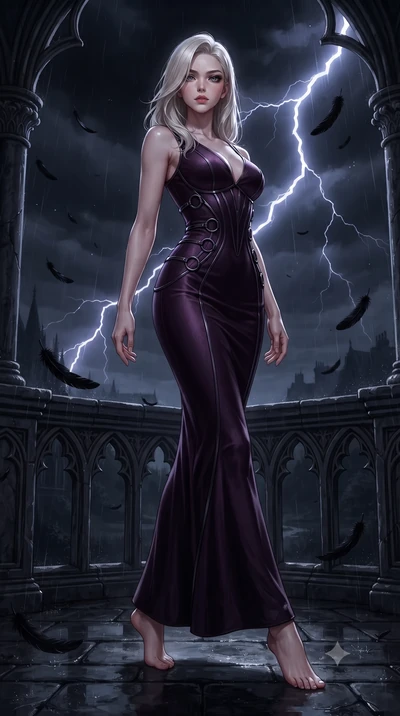 score_9, masterpiece, best quality, ultra-detailed, high-budget anime keyframe, editorial fashion photography, tasteful artistic composition, Caucasian woman. low angle full-body shot from head to toe showing her feet, filling the entire 9:16 vertica