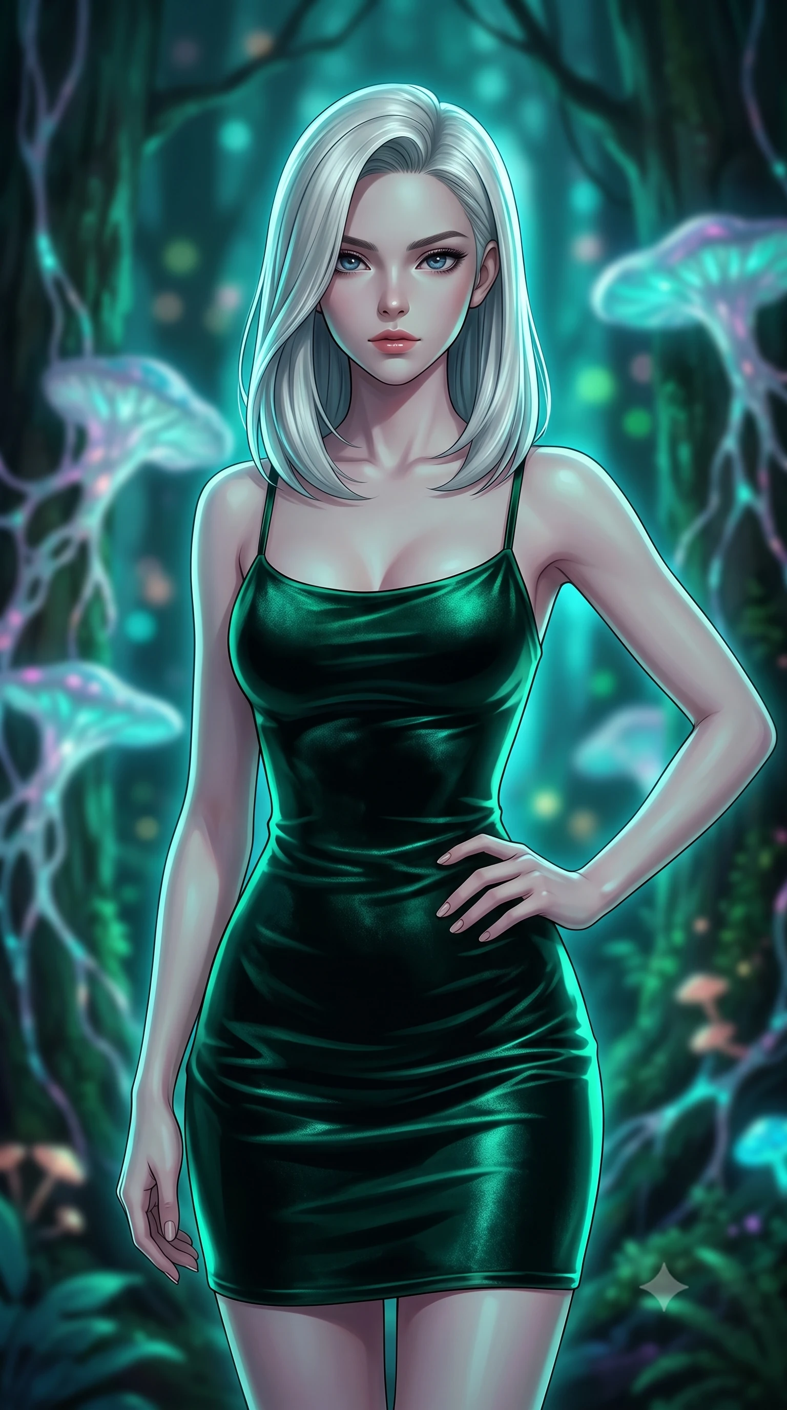 score_9, masterpiece, best quality, ultra-detailed, high-budget anime keyframe, editorial fashion photography, tasteful artistic composition, Caucasian woman woman. close-up cowboy shot from the waist and thighs up, the character dominates the composition, filling the frame with her large presence, background elements kept in soft focus. She has an exceptionally elegant, slender, and willowy female figure with an ultra-slim waist, a gracefully sculpted slender torso, and a refined silhouette. holding a confident power pose with one hand on her hip, looking directly into the camera with quiet self-assurance, flawlessly proportioned anatomical accuracy, natural body alignment, perfectly sculpted elegant limbs, clean dynamic posture without body distortion. set against a soft-focus background of an ancient rainforest with pulsing opal fungal mycelium networks. wearing a fitted dark emerald velvet slip dress with a smooth liquid sheen and delicate straps. bathed in cool emerald and cyan bioluminescent organic glow wrapping her silhouette. highly saturated vibrant anime colors, detailed shading with soft gradients, rich glossy textures, high-contrast stereoscopic depth, volumetric dynamic lighting, master piece, 9:16 ratio