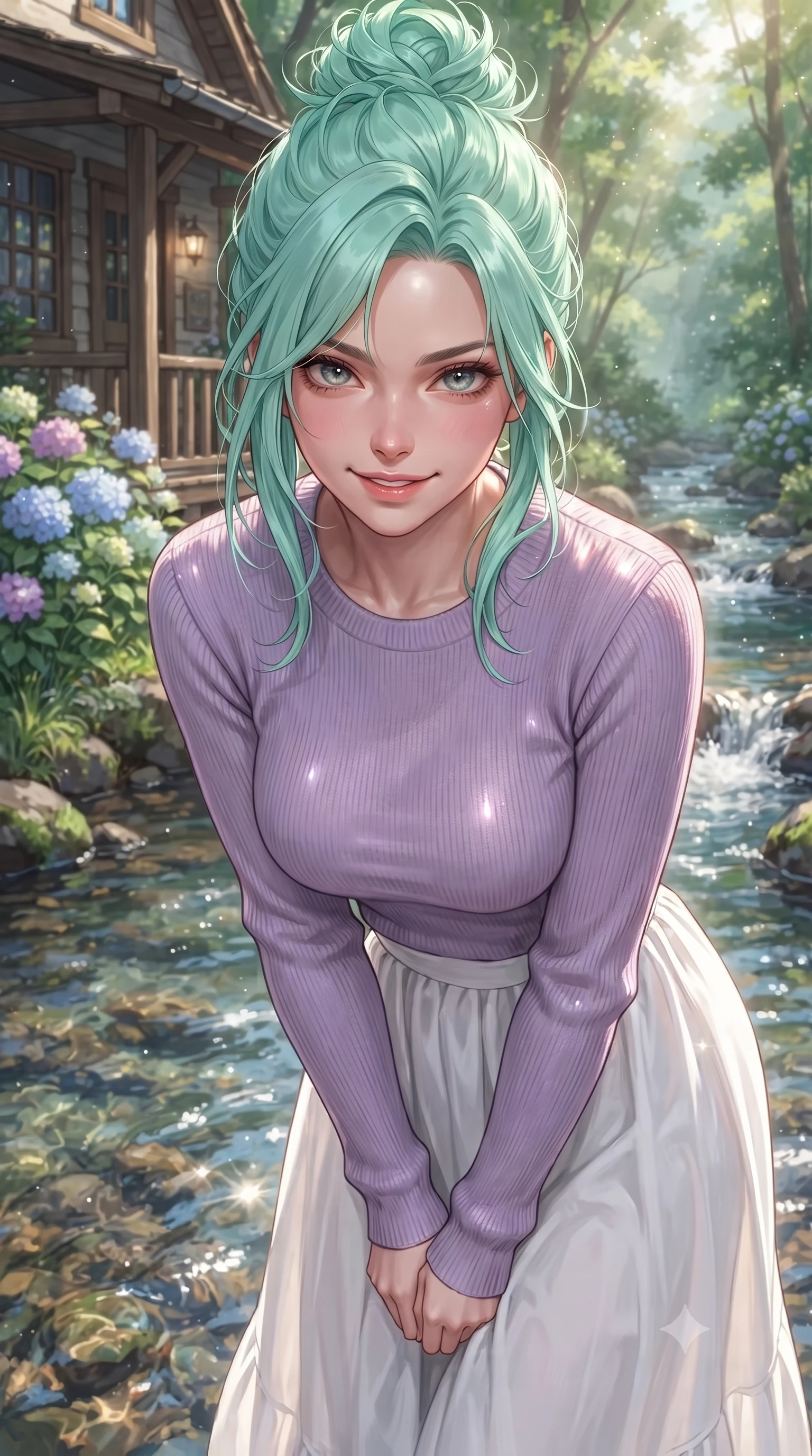 score_9, masterpiece, best quality, ultra-detailed, high-budget anime keyframe, editorial fashion photography, tasteful artistic composition, Japanese woman woman. close-up cowboy shot from the waist and thighs up, the character dominates the composition, filling the frame with her large presence, background elements kept in soft focus. leaning slightly forward with a playful, teasing smile, her gaze locked onto the viewer the background shows a soft-focus a cozy cottage porch beside a bubbling forest stream with clear running water. She has an exceptionally elegant, slender, and willowy female figure with an ultra-slim waist, a gracefully sculpted slender torso, and a refined silhouette. sharp v-shaped jawline, high-bridge nose, intricate jewel-like eyes with depth, thick eyelashes, glossy lips with a natural sheen. wearing a body-hugging comfortable lavender knit sweater paired with a flowy white cotton maxi skirt. dappled sunbeams reflecting off the moving water surface onto her form. ultra-reflective glossy finish, specular highlights, metallic sheen, high-contrast stereoscopic depth, volumetric dynamic lighting, 2k, ultra detail, master piece, 9:16 ratio
