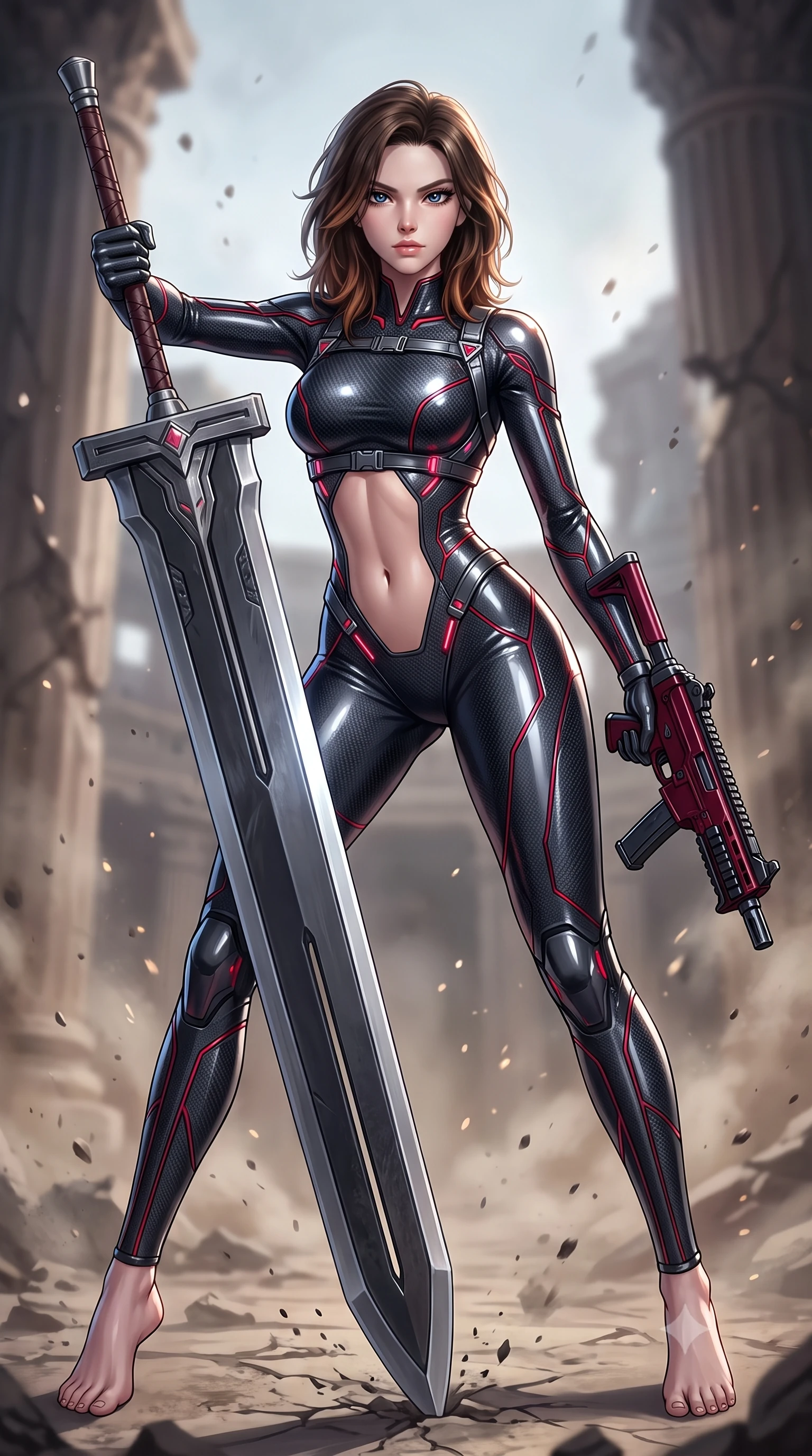 score_9, masterpiece, best quality, ultra-detailed, high-budget anime keyframe, semi-realistic 3D game render, editorial fashion photography, tasteful artistic composition, Korean woman. low angle full-body shot from head to toe showing her feet, filling the entire 9:16 vertical frame with her statuesque presence, stretching her vertical silhouette. pivoting dynamically in mid-motion with a breathtakingly alluring posture, displaying her flawless model proportions, toned flat midriff, and ultra-slim waist while pivoting dynamically as she plants the colossal greatsword tip into the ground, leaning on the hilt with sovereign poise. The composition keeps background elements in soft focus with creamy bokeh. shattered arena pillars and rising dust motes softened in dramatic shallow depth of field. She has an absolutely perfect, statuesque 8.5-heads proportion, an exceptionally tall and slender model-like female figure with impossibly long slender legs, a toned flat midriff, and an ultra-slim waist. sharp v-shaped jawline, high-bridge nose, intricate jewel-like eyes with depth, thick eyelashes, glossy lips with a natural sheen, flawlessly proportioned anatomical accuracy, strict slender model proportions, natural body alignment, perfectly sculpted long slender limbs, ultra-slim waistline, clean dynamic posture without body distortion. wearing a second-skin dark gunmetal carbon-weave battle-suit with crimson laser conduits, brandishing a sleek high-tech composite submachine weapon with effortless allure in deep crimson carbon weave with specular dark chrome accents, formed from high-gloss patent carbon-plating with specular chiaroscuro reflections, reinforced by a sleek titanium tactical harness and glowing micro-energy straps, the liquid-tight tailored fabric emphasizing every curve of her tall, slender model proportions and sculptured silhouette during dynamic movement. surrounded by an invincible, royal, and fiercely captivating cyber-gladiator empress aura. rich saturated anime colors with glowing neon highlights, detailed shading with soft gradients, rich glossy textures, high-contrast stereoscopic depth, volumetric dynamic lighting, master piece, 9:16 ratio