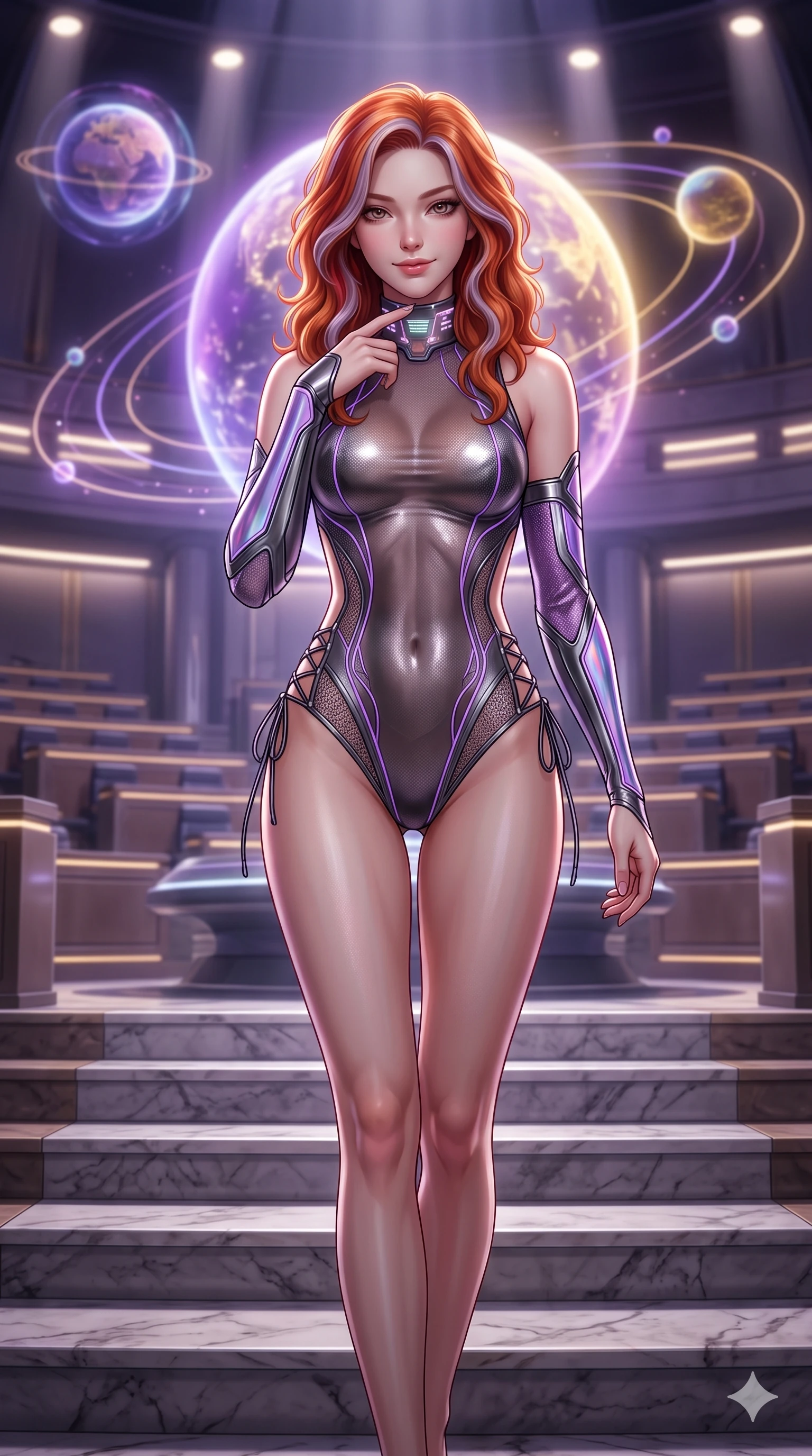 score_9, masterpiece, best quality, ultra-detailed, high-budget anime keyframe, semi-realistic 3D game render, editorial fashion photography, tasteful artistic composition, Caucasian woman. close-up cowboy shot from the waist and thighs up, the character dominates the composition, filling the frame with her large presence. tilting her head with a teasing half-smile, running one finger slowly along her glowing comm-link collar in a flirtatious gesture while walking slowly down the grand marble council steps with hypnotic grace, hips swaying in an alluring sensual rhythm that accentuates her curvy hourglass silhouette and long slender legs. The background shows a soft-focus colossal floating holographic rotating planetary spheres, multi-tiered semicircular council seating rows, and recessed lighting strips softened in prestigious sci-fi senate shallow focus. She has an exceptionally elegant, slender, and willowy female figure with an ultra-slim waist, flat toned midriff, narrow ribcage, and sculpted feminine hips creating an alluring, slim hourglass silhouette without bulk. sharp v-shaped jawline, high-bridge nose, intricate jewel-like sparkling eyes with depth, thick eyelashes, glossy parted lips with a natural sheen, bright confident smile with an enchanting and coquettish sensual glint, exuding both youthful magnetic charm and sovereign high-tech allure, flawlessly proportioned anatomical accuracy, strict slender model proportions, natural body alignment, perfectly sculpted long slender limbs, ultra-slim waistline, clean dynamic posture without body distortion. wearing an alluring backless sheer lace leotard with high-cut leg openings and delicate fiber-optic embroidery framing her spine in iridescent dark chrome and holographic violet, formed from supple thermal silicone composite adhering seamlessly like a second skin, featuring fine criss-cross lace-up side ties revealing tantalizing glimpses of her hip curve, the form-contouring cut accentuating her sculpted flat midriff, narrow delicate ribcage, and gracefully curvy hips with cybernetic supermodel precision. bathed in the majestic, balanced ambient glow of floating holographic worlds mixed with dramatic overhead parliamentary spotlights. highly saturated vibrant anime colors, detailed shading with soft gradients, rich glossy textures, high-contrast stereoscopic depth, volumetric dynamic lighting, master piece, 9:16 ratio