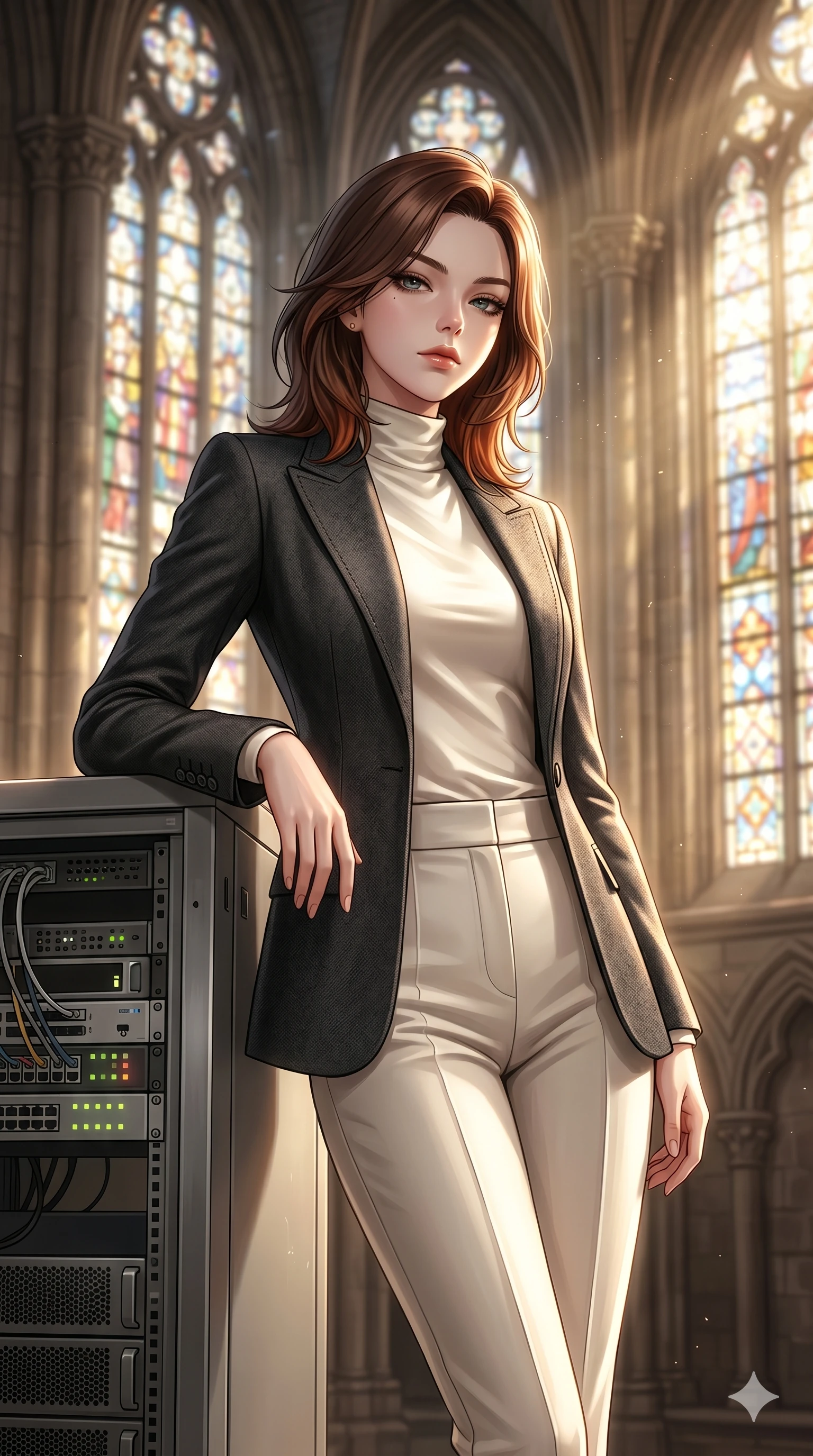 score_9, masterpiece, best quality, ultra-detailed, high-budget anime keyframe, editorial fashion photography, tasteful artistic composition, Korean woman. cowboy shot from the thighs up, character and outfit filling the frame for maximum editorial presence. leaning against a metal server rack, casting a cool, superior gaze beneath her thick lashes in a gothic cathedral sanctuary with towering stained-glass windows (Code-P17-034). She has an absolutely perfect 8-heads proportion, an exceptionally tall and slender female figure with impossibly long slender legs and an ultra-slim waist. V-shaped jawline, high-bridge nose, intricate jewel-like eyes with depth, thick eyelashes, glossy lips with a natural sheen. wearing a tailored high-neck blazer over a high-neck silk top and matching trousers. drenched in brilliant afternoon sunshine, highlighting her sleek silhouette and smooth skin. 2k, ultra detail, master piece, 9:16 ratio
