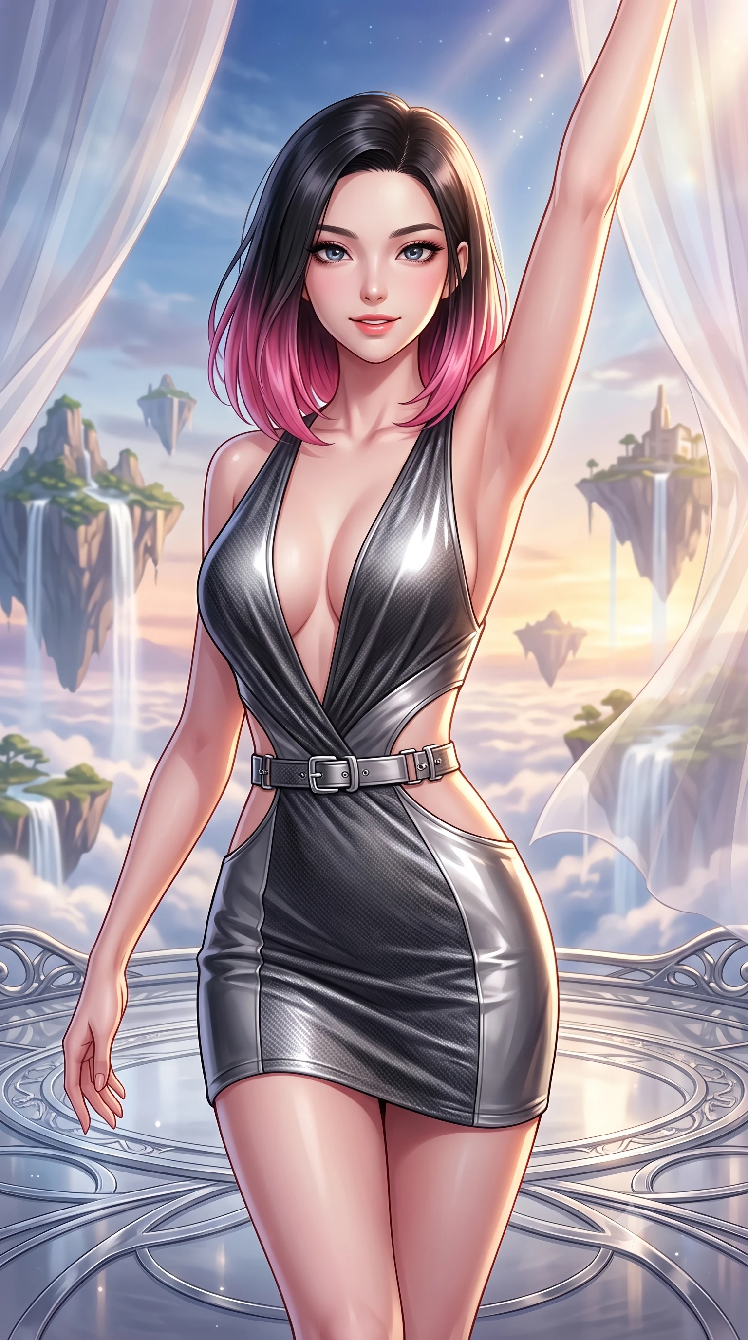 score_9, masterpiece, best quality, ultra-detailed, high-budget anime keyframe, editorial fashion photography, tasteful artistic composition, Korean woman. close-up cowboy shot from the waist and thighs up, the character dominates the composition, filling the frame with her large presence, background elements kept in soft focus. Extending one arm in an elegant stretch toward the light while smiling with magnetic self-assurance while stepping along a cloudtop platinum terrace suspended between flying hydro-islands, translucent silk curtains drifting lazily in a high-altitude sky breeze. She has an exceptionally elegant, slender, and willowy female figure with an ultra-slim waist, a gracefully sculpted slender torso, and a refined silhouette. sharp v-shaped jawline, high-bridge nose, intricate jewel-like eyes with depth, thick eyelashes, glossy lips with a natural sheen, flawlessly proportioned anatomical accuracy, natural body alignment, perfectly sculpted elegant limbs, clean dynamic posture without body distortion. wearing a liquid mercury gloss mini dress with ultra-deep V-neck and waist cutouts in charcoal grey and platinum, made of fine carbon-fiber weave and soft matte leather, detailed with polished silver buckles along the waistline, the elegant draped fit framing her graceful clavicle and slender torso. illuminated by soft glowing sunset radiance with dramatic golden rim highlights. highly saturated vibrant anime colors, detailed shading with soft gradients, rich glossy textures, high-contrast stereoscopic depth, volumetric dynamic lighting, master piece, 9:16 ratio