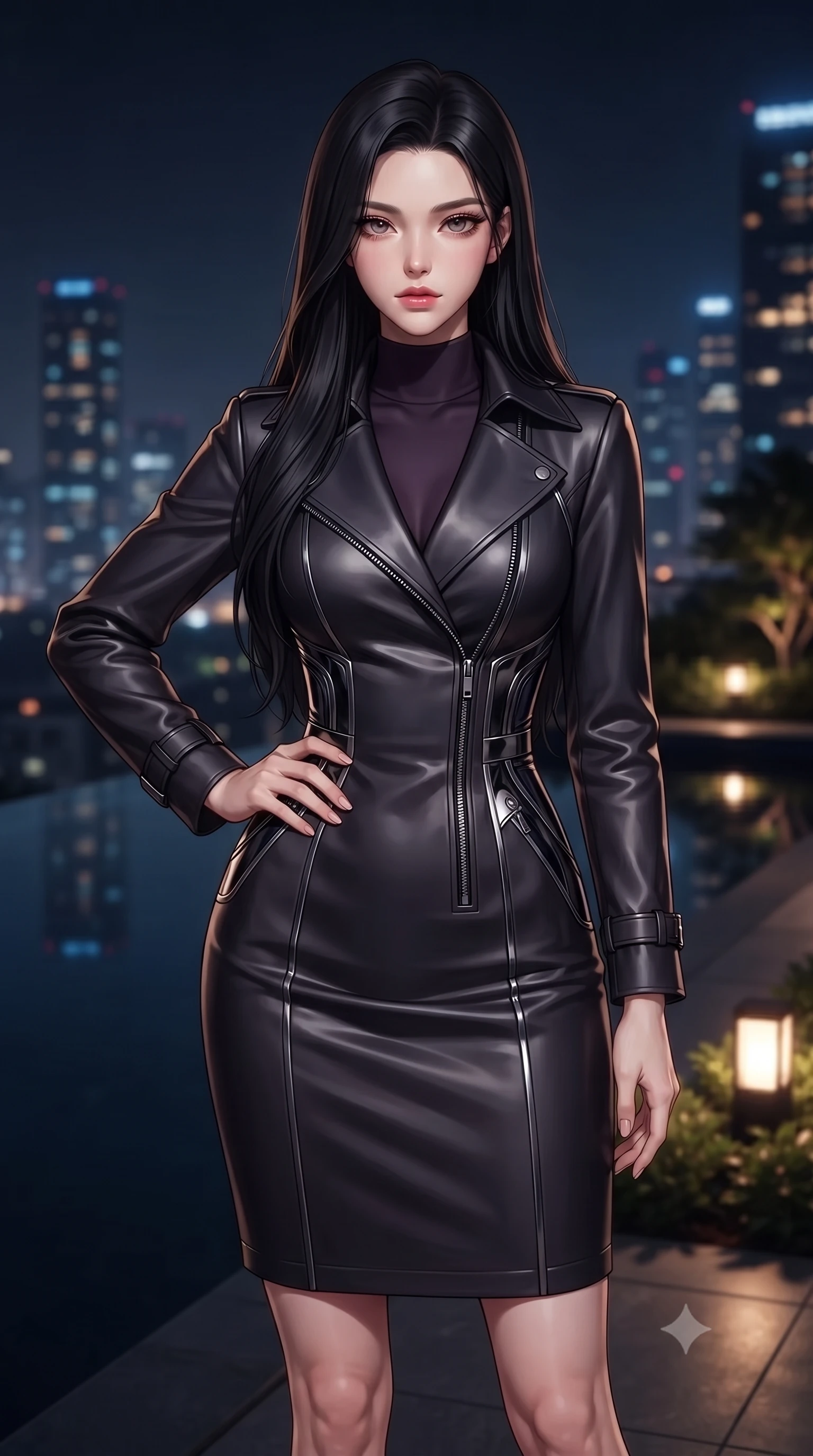 score_9, masterpiece, best quality, ultra-detailed, high-budget anime keyframe, editorial fashion photography, tasteful artistic composition, Korean woman. close-up cowboy shot from the waist and thighs up, the character dominates the composition, filling the frame with her large presence, background elements kept in soft focus. Holding a confident power pose with one hand on her hip, standing beside a dark infinity pool reflecting distant night city skyscrapers, distant skyscraper lights forming soft dark amber and blue bokeh in the background. She has an exceptionally elegant, slender, and willowy female figure with an ultra-slim waist, a gracefully sculpted slender torso, and a refined silhouette. sharp v-shaped jawline, high-bridge nose, intricate jewel-like eyes with depth, thick eyelashes, glossy lips with a natural sheen. wearing structured dark charcoal trench dress over sleek high-neck top in dark plum violet, made of sculpted obsidian metallic chrome, finished with metallic silver boning and sleek zipper points, contouring every curve with an exceptionally elegant silhouette. illuminated by low warm amber garden lights and distant city skyglow. highly saturated vibrant anime colors, detailed shading with soft gradients, rich glossy textures, high-contrast stereoscopic depth, volumetric dynamic lighting, master piece, 9:16 ratio
