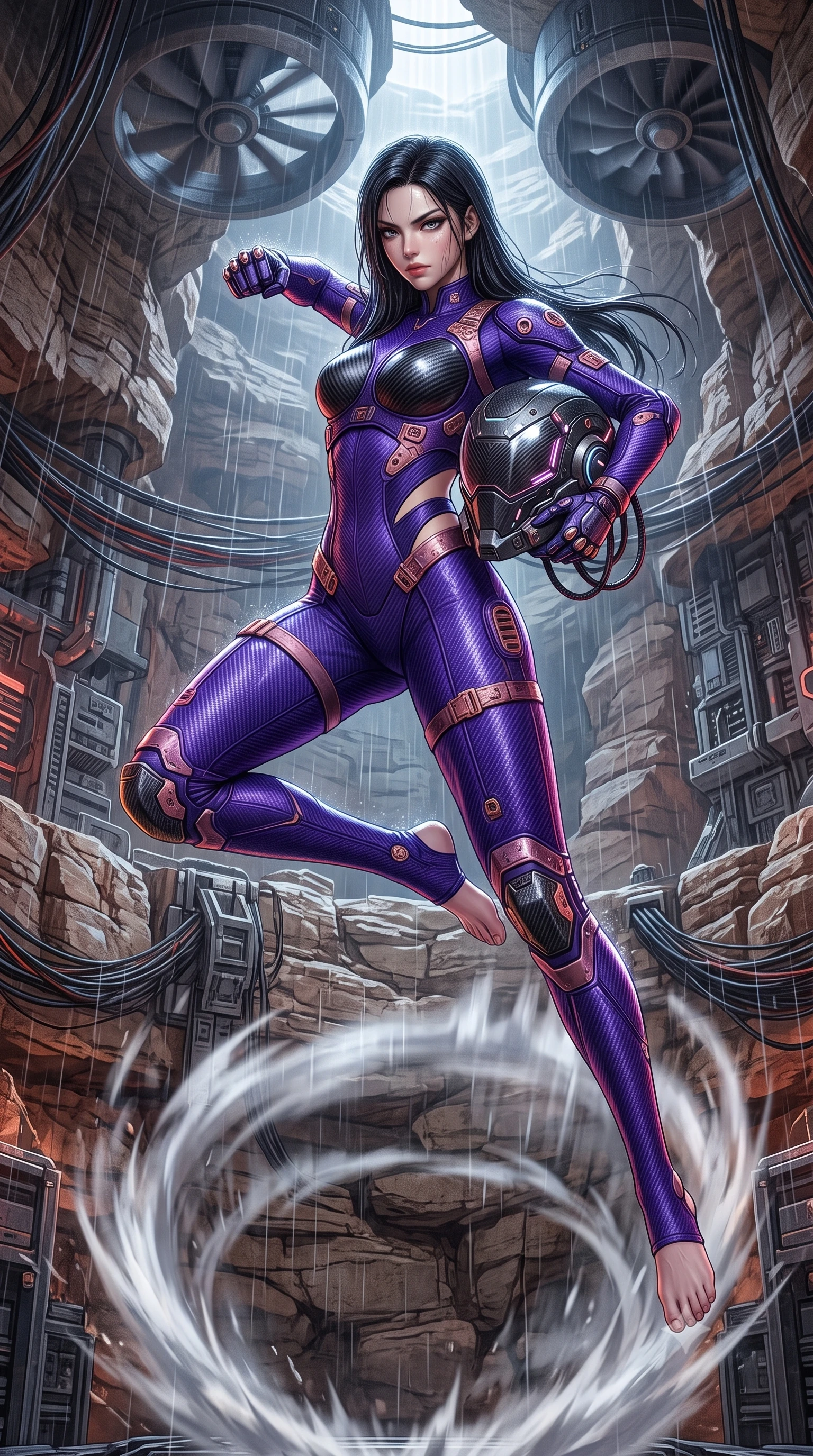 score_9, masterpiece, best quality, ultra-detailed, high-budget anime keyframe, semi-realistic 3D game render, editorial fashion photography, tasteful artistic composition, Korean woman. low angle full-body shot from head to toe showing her feet, filling the entire 9:16 vertical frame with her statuesque presence, stretching her vertical silhouette. leaping into mid-air with an athletic yet alluring arch of her spine, driving a downward kinetic strike surrounded by a ring of displaced air while resting one hand on her hip with a haughty, captivating battle smirk as giant exhaust turbines turn slowly overhead. The surrounding environment is rendered in vivid detail and crisp panoramic clarity. intricate knuckle shock-absorber joints, cavern stone strata, and wire bundles in high resolution. She has an absolutely perfect, statuesque 8.5-heads proportion, an exceptionally tall and slender model-like female figure with impossibly long slender legs, a toned flat midriff, and an ultra-slim waist. sharp v-shaped jawline, high-bridge nose, intricate jewel-like eyes with depth, thick eyelashes, glossy lips with a natural sheen, fierce and resolute heroine expression, flawlessly proportioned anatomical accuracy, strict slender model proportions, natural body alignment, perfectly sculpted long slender limbs, ultra-slim waistline, clean dynamic posture without body distortion. holding a modular carbon battle-helmet under one arm, her flawless face and sculpted neck exposed to the rain with determined warrior focus, paired with a form-contouring high-mobility battle-suit featuring sculpted carbon chest plating, diagonal midriff ventilation cutouts, and kinetic knee vambraces in royal purple carbon fiber with distressed rose-gold hardware and buckles, tailored from flexible second-skin ballistic carbon-mesh adhering flawlessly to her athletic build, detailed with kinetic shock-dampening knuckle guards and polished chrome connection joints, the glove-like aerodynamic second-skin fit tightly clinging to her ultra-slender waist and athletic curves without adding bulk, accentuating her razor-sharp statuesque lines and slim hourglass silhouette. surrounded by a gritty, dangerous, and irresistibly powerful cybernetic queen of the underworld aura. rich saturated anime colors with glowing neon highlights, detailed shading with soft gradients, rich glossy textures, high-contrast stereoscopic depth, volumetric dynamic lighting, master piece, 9:16 ratio