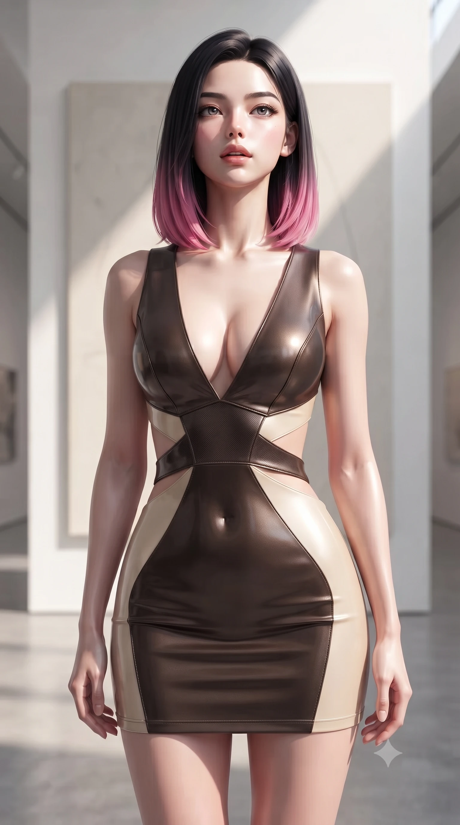 score_9, masterpiece, best quality, ultra-detailed, high-budget anime keyframe, editorial fashion photography, tasteful artistic composition, Korean woman. close-up cowboy shot from the waist and thighs up, the character dominates the composition, filling the frame with her large presence, background elements kept in soft focus. Tilting her chin up slightly with lips parted in a magnetic, composed expression standing before a giant minimalist abstract canvas in a sunlit art gallery, ultra-clean white architectural lines creating a minimalist high-end frame. She has an exceptionally elegant, slender, and willowy female figure with an ultra-slim waist, a gracefully sculpted slender torso, and a refined silhouette. sharp v-shaped jawline, high-bridge nose, intricate jewel-like eyes with depth, thick eyelashes, glossy lips with a natural sheen. wearing a liquid mercury gloss mini dress with ultra-deep V-neck and waist cutouts in espresso brown and warm cream, made of fine carbon-fiber weave and soft matte leather, featuring subtle geometric cutouts that highlight her ultra-slim midriff, the tailored fabric tightly following every curve of her athletic build. surrounded by a sophisticated, high-fashion gallery illumination. ultra-reflective glossy finish, specular highlights, metallic sheen, high-contrast stereoscopic depth, volumetric dynamic lighting, 2k, ultra detail, master piece, 9:16 ratio