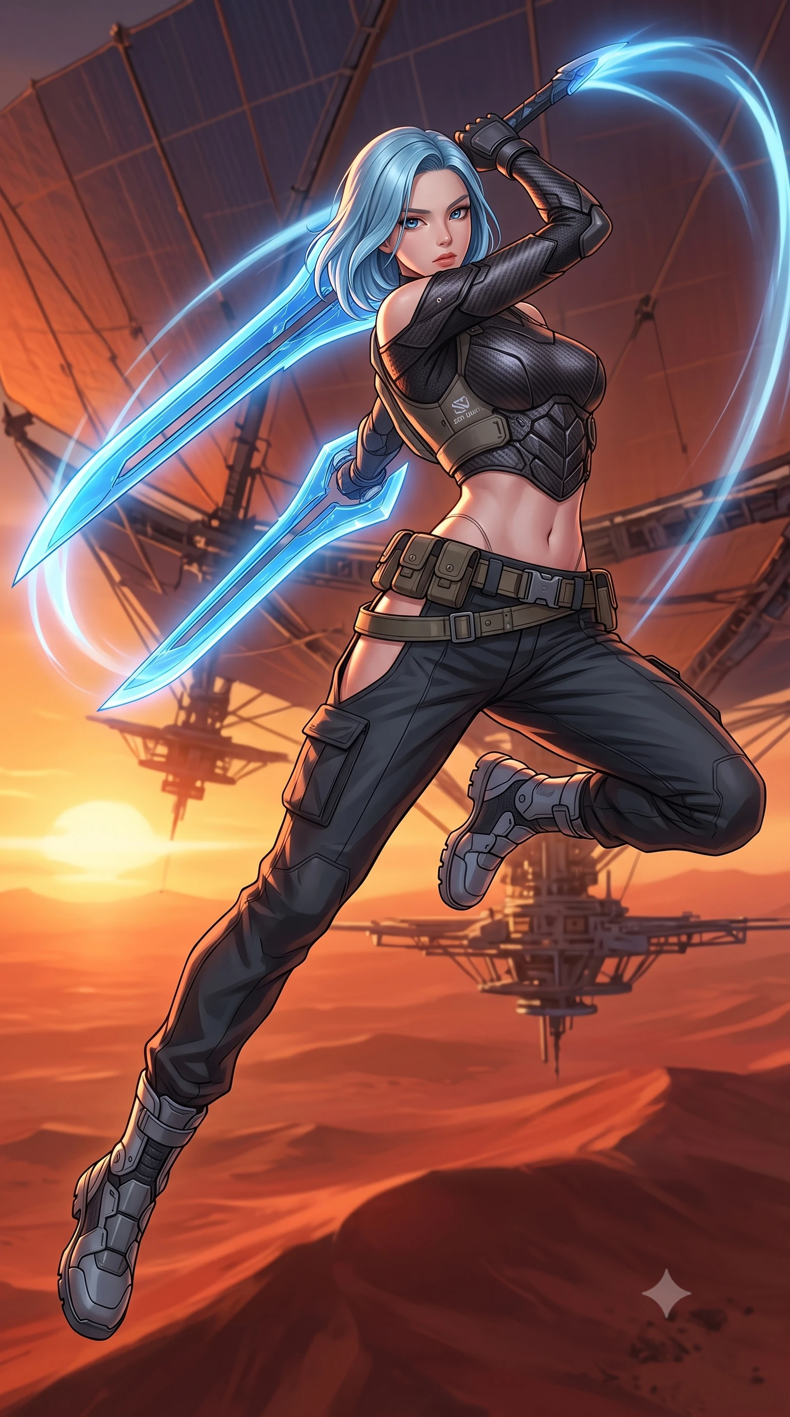 score_9, masterpiece, best quality, ultra-detailed, high-budget anime keyframe, editorial fashion photography, tasteful artistic composition, Korean woman. low angle full-body shot from head to toe showing her feet, filling the entire 9:16 vertical frame with her statuesque presence, stretching her vertical silhouette. leaping forward while slashing with a twin-bladed plasma sword in mid-air, her body-contouring suit showing her athletic silhouette, the background shows a soft-focus a high-altitude solar sail rig suspended over a red desert planet. She has an absolutely perfect, statuesque 8.5-heads proportion, an exceptionally tall and slender model-like female figure with impossibly long slender legs and an ultra-slim waist. sharp v-shaped jawline, high-bridge nose, intricate jewel-like eyes with depth, thick eyelashes, glossy lips with a natural sheen. wearing a slim-fit off-shoulder carbon-fiber armor top paired with high-slit tactical cargo pants, showing her delicately sculpted midriff. the dramatic orange glow of a desert planet sunset casting long shadows. highly saturated vibrant anime colors, detailed shading with soft gradients, rich glossy textures, high-contrast stereoscopic depth, volumetric dynamic lighting, master piece, 9:16 ratio