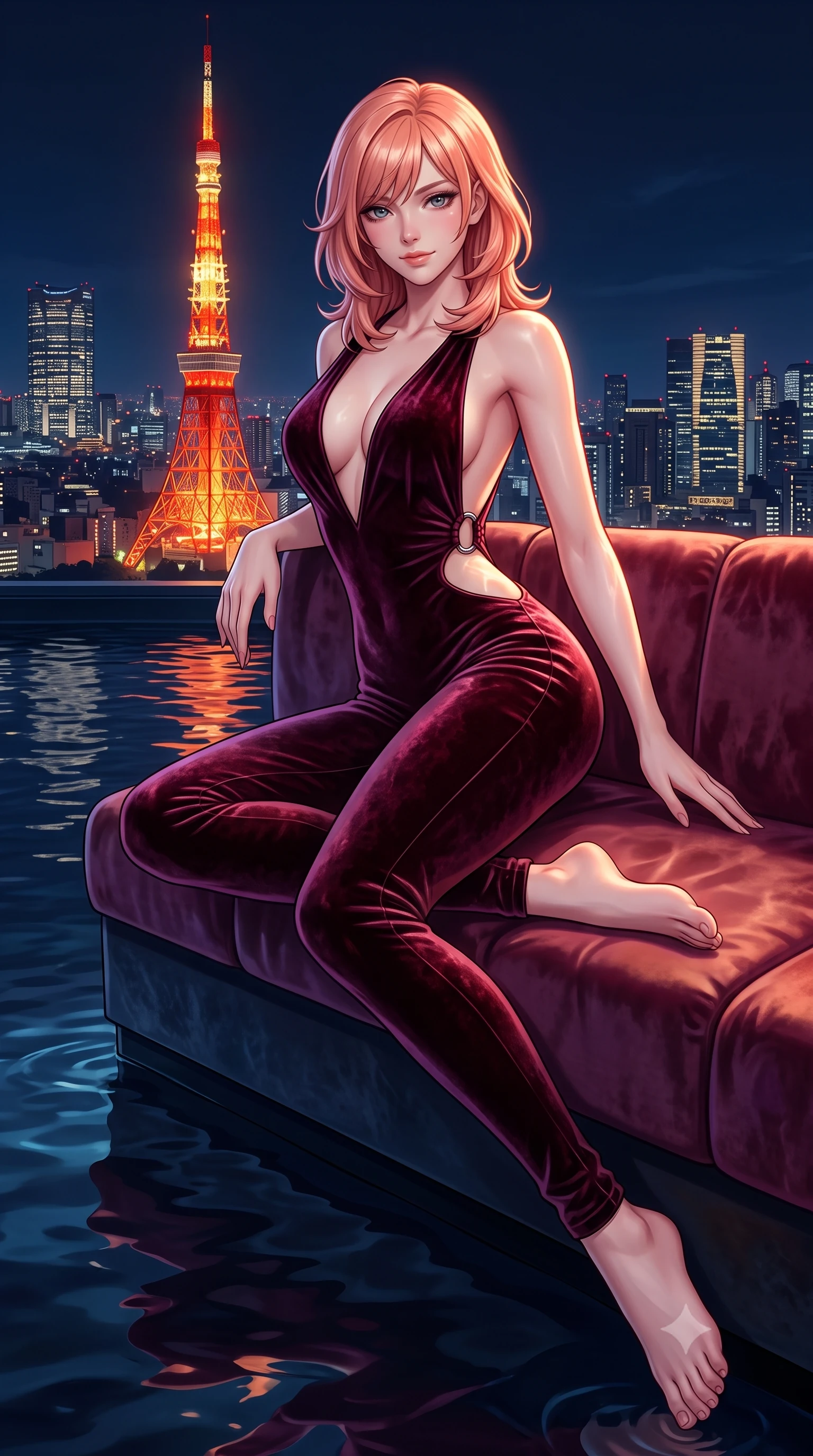 score_9, masterpiece, best quality, ultra-detailed, high-budget anime keyframe, semi-realistic 3D game render, editorial fashion photography, tasteful artistic composition, Japanese woman. low angle full-body shot from head to toe showing her feet, filling the entire 9:16 vertical frame with her statuesque presence, stretching her vertical silhouette. reclining languidly across the velvet banquette with one knee bent and hips angled toward the camera, displaying her toned midriff and long slender limbs with effortless sensual charisma while twisting her slender torso in an alluring S-curve beside the dark water, city lights and water caustics dancing across her narrow waist and hips. The surrounding environment is rendered in vivid detail and crisp panoramic clarity. detailed evening wear sheen, glistening moisture on skin, and Tokyo skyline architectural precision in high resolution. She has an exceptionally tall and slender model-like 8.5-heads proportion, an ultra-slim waist, a flat toned midriff, narrow delicate ribcage, and beautifully sculpted feminine hips creating a graceful, slim hourglass silhouette without any bulky heaviness, with impossibly long slender legs. sharp v-shaped jawline, high-bridge nose, intricate jewel-like dark sparkling eyes with dangerous depth, thick curled eyelashes, glossy parted lips with a rich wine sheen, smoldering seductive half-smile with bedroom-eyes, exuding effortless superiority and intoxicating dark allure, flawlessly proportioned anatomical accuracy, strict slender model proportions, natural body alignment, perfectly sculpted long slender limbs, ultra-slim waistline, clean dynamic posture without body distortion. wearing a second-skin dark burgundy stretch-velvet jumpsuit with a plunging neckline and open back in pure obsidian monochrome with subtle metallic sheen, tailored from crushed dark velvet with deep light-absorbing plush texture, accented with sculptural chrome hardware rings framing the subtle cutouts, the precision-cut side openings and low-back scoop framing her graceful spine and the sensual sweep of her slim, toned hips. bathed in the warm radiant scarlet and orange glow of Tokyo Tower contrasted with deep midnight navy skies. highly saturated vibrant anime colors, detailed shading with soft gradients, rich glossy textures, high-contrast stereoscopic depth, volumetric dynamic lighting, master piece, 9:16 ratio