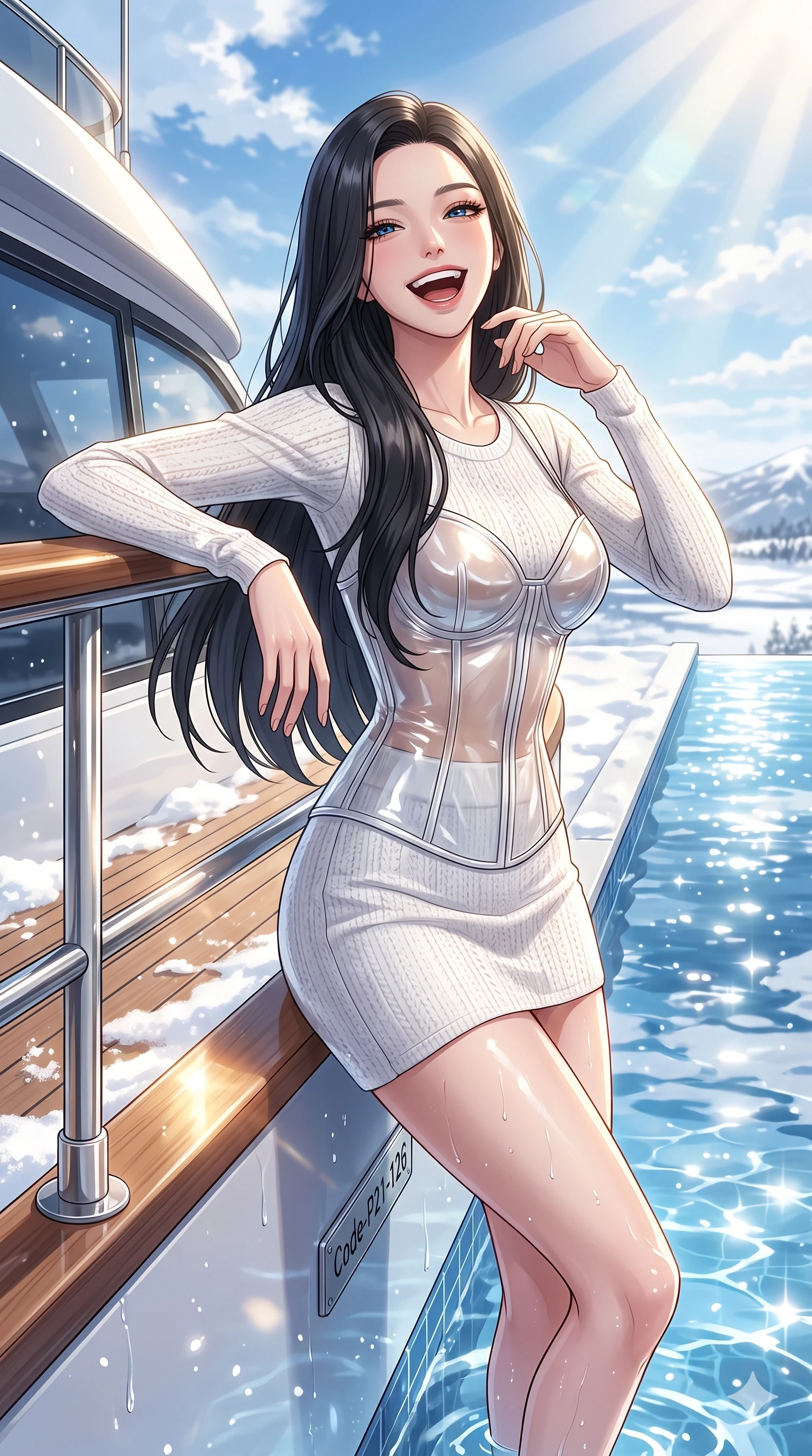 score_9, masterpiece, best quality, ultra-detailed, high-budget anime keyframe, vibrant anime aesthetic, Korean woman. cowboy shot from the thighs up, character and outfit filling the frame for maximum presence. She is leaning against a yacht rail, laughing happily in the morning winter sunshine by a modern infinity pool reflecting snowy skies (Code-P21-126). She has an absolutely perfect 8-heads proportion, an exceptionally tall and slender female figure with impossibly long slender legs and an ultra-slim waist. V-shaped jawline, high-bridge nose, intricate jewel-like eyes with depth, thick eyelashes, glossy lips with a natural sheen. wearing a translucent gloss-finish structured bodice worn over a white textured knit resort wear, fitting elegantly in snow. She is drenched in bright, warm sunbeams reflecting off the snowy ground, casting dancing highlights. 2k, ultra detail, master piece, 9:16 ratio
