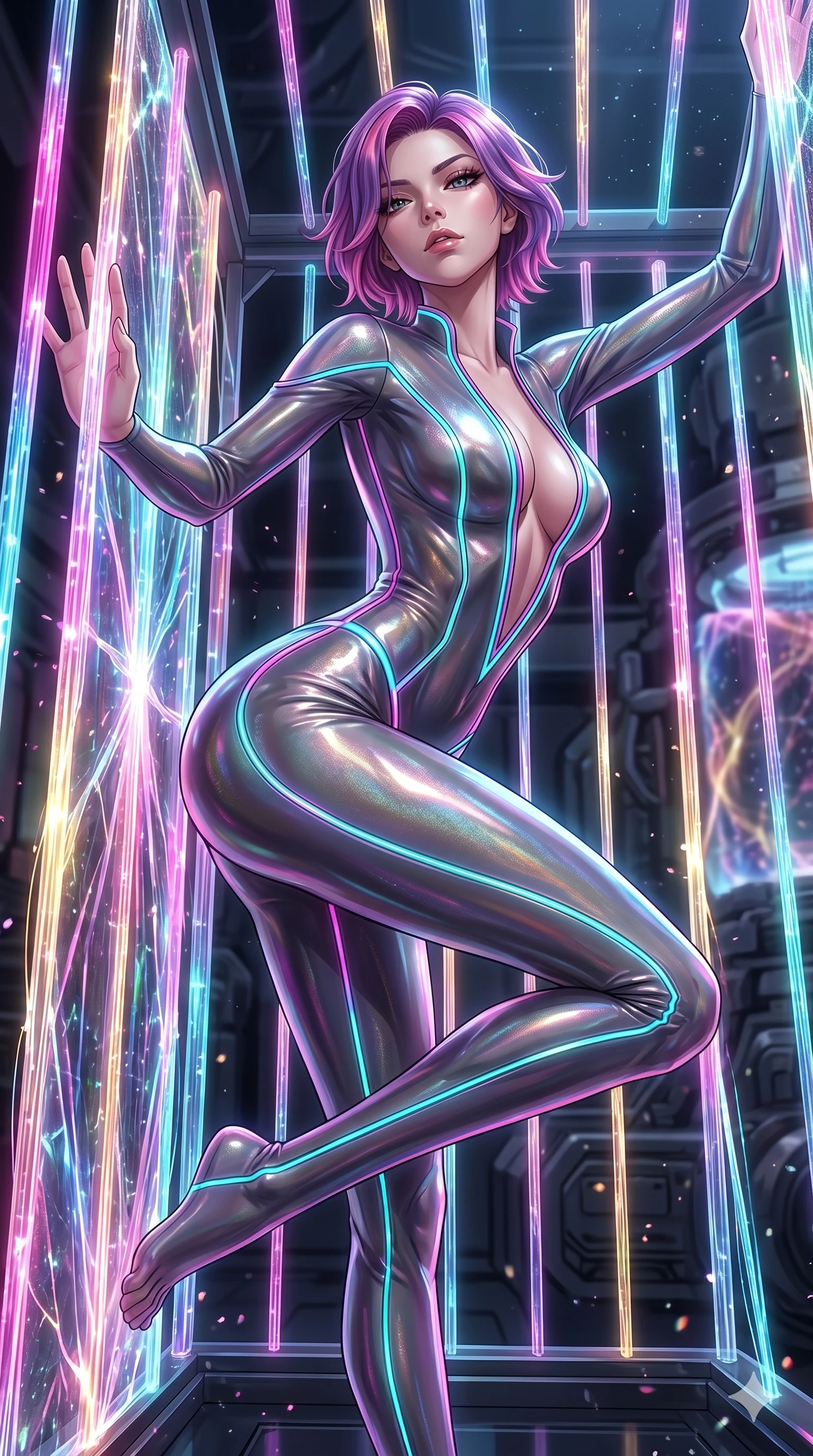 score_9, masterpiece, best quality, ultra-detailed, High-budget Anime Keyframe, East Asian woman. Dynamic full-body shot stretching the vertical silhouette to the limit. Scenario 72: Trapped in a cage of glowing crystalline fibers, body pressing against the bars. Her presence is magnetic and overpowering in this high-budget anime scene. Outfit 72: A molten liquid silk second with a plunging V-neckline and glowing LED seams. The clothing is designed to emphasize her exceptionally tall and slender 8-heads proportion. 8-heads proportion, towering silhouette, ultra-slim waist. sharp v-shaped jawline, intricate jewel-like eyes with depth, thick eyelashes, glossy lips. 2k, ultra detail, master piece, 9:16 ratio