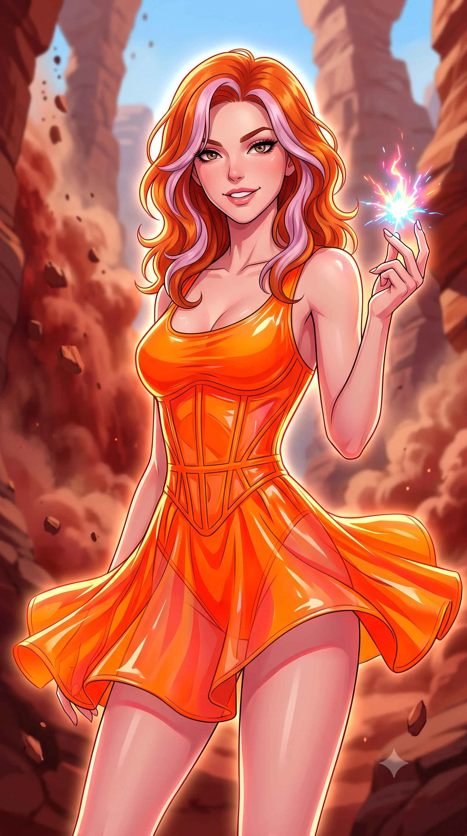 score_9, masterpiece, best quality, ultra-detailed, high-budget anime keyframe, clean line-art, cel-shading, Caucasian woman, strictly human ears. close-up cowboy shot from the waist and thighs up, the character dominates the composition, filling the frame with her large presence, background elements kept in soft focus. Snapping a finger to ignite a spark of magic, lips parted in a self-assured smirk. set against a soft-focus background of a narrow sandstone canyon collapsing in landslides of red sand, dust clouds rising between wind-carved stone arches. She has an exceptionally elegant and slender, willowy female figure with an ultra-slim waist, a gracefully sculpted slender torso, and a refined slim physique. sharp v-shaped jawline, high-bridge nose, intricate jewel-like eyes with depth, thick eyelashes, glossy lips with a natural sheen. wearing the lightweight fabric rippling and billowing dramatically with her movement, a form-contouring wet-look transparent finish mini dress in neon orange, with a visible corset interior structure. dramatic backlight creating a radiant halo effect around her entire silhouette. highly saturated vibrant anime colors, intense vivid color palette, volumetric dynamic lighting, 2k, ultra detail, master piece, 9:16 ratio