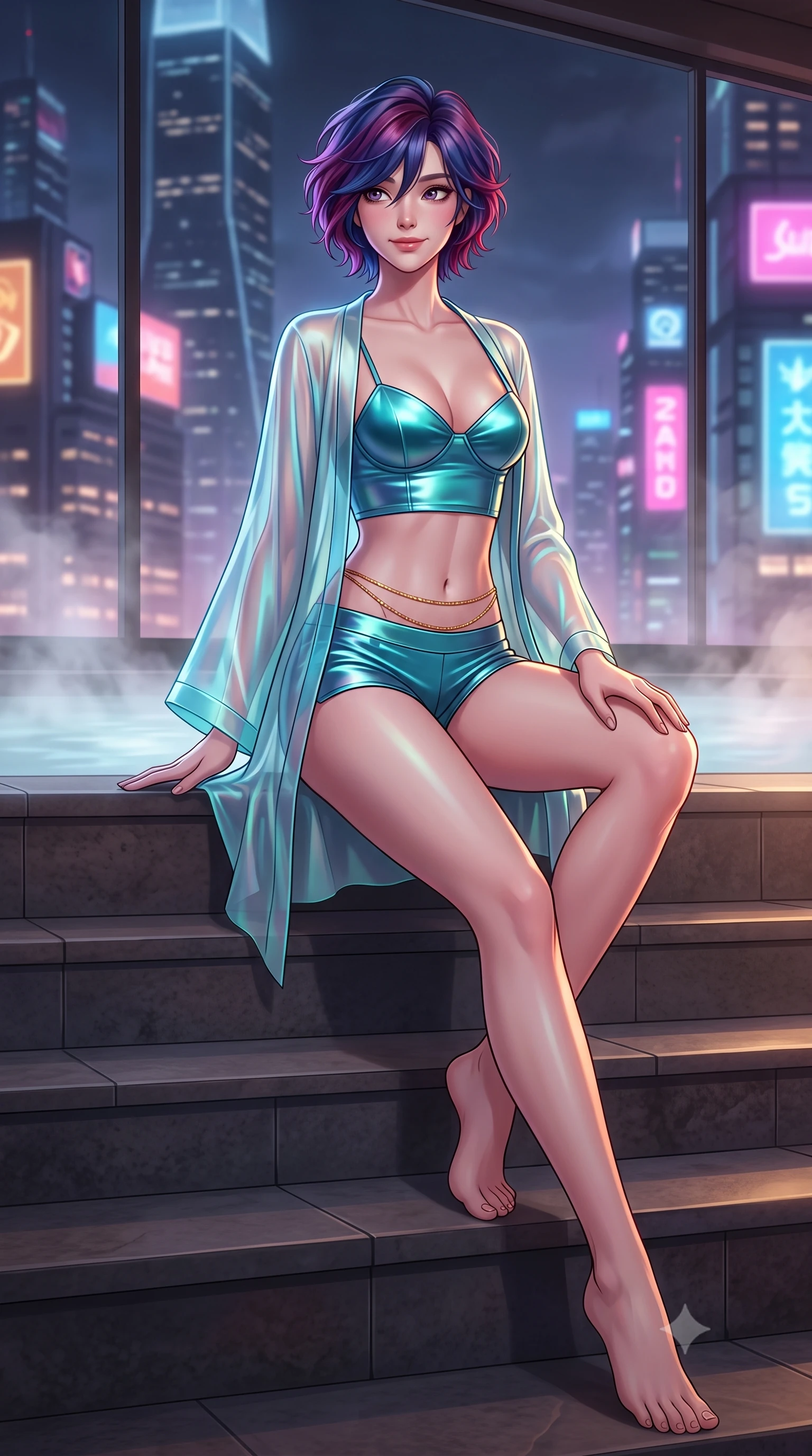score_9, masterpiece, best quality, ultra-detailed, high-budget anime keyframe, semi-realistic 3D game render, editorial fashion photography, tasteful artistic composition, Korean woman. low angle full-body shot from head to toe showing her feet, filling the entire 9:16 vertical frame with her statuesque presence, stretching her vertical silhouette. sitting poised on the stone steps with one knee bent, arching her spine with supermodel elegance as she glances upward through thick eyelashes while leaning against the frameless panoramic glass wall with hips cocked back, casting an alluring bedroom-gaze over the endless sea of Shanghai skyscrapers. The background shows a soft-focus rising thermal bath steam softened in ultra-futuristic skyscraper sanctuary shallow focus. She has an exceptionally tall and slender model-like 8.5-heads proportion, an ultra-slim waist, a flat toned midriff, narrow delicate ribcage, and beautifully sculpted feminine hips creating a graceful, slim hourglass silhouette without any bulky heaviness, with impossibly long slender legs. sharp v-shaped jawline, high-bridge nose, intricate jewel-like sparkling eyes with depth, thick eyelashes, glossy parted lips with a natural peach sheen, bright cheerful beaming smile with an enchanting and coquettish sensual glint, exuding both youthful cute charm and seductive allure, flawlessly proportioned anatomical accuracy, strict slender model proportions, natural body alignment, perfectly sculpted long slender limbs, ultra-slim waistline, clean dynamic posture without body distortion. wearing a translucent gossamer silk robe with wide kimono sleeves worn open over a strappy satin demi-bustier and micro-shorts in Neo-Carthage holographic cyan and solar chrome, made of fluid liquid jersey with seamless sculpting hold and smooth contours, accented with a dainty gold belly chain resting across her flat midriff and curving hips, the precision-cut side openings and low-back scoop framing her graceful spine and the sensual sweep of her slim, toned hips. bathed in the dramatic neon ambient of the cyberpunk metropolis contrasted with dim 2800K recessed cove downlights. highly saturated vibrant anime colors, detailed shading with soft gradients, rich glossy textures, high-contrast stereoscopic depth, volumetric dynamic lighting, master piece, 9:16 ratio