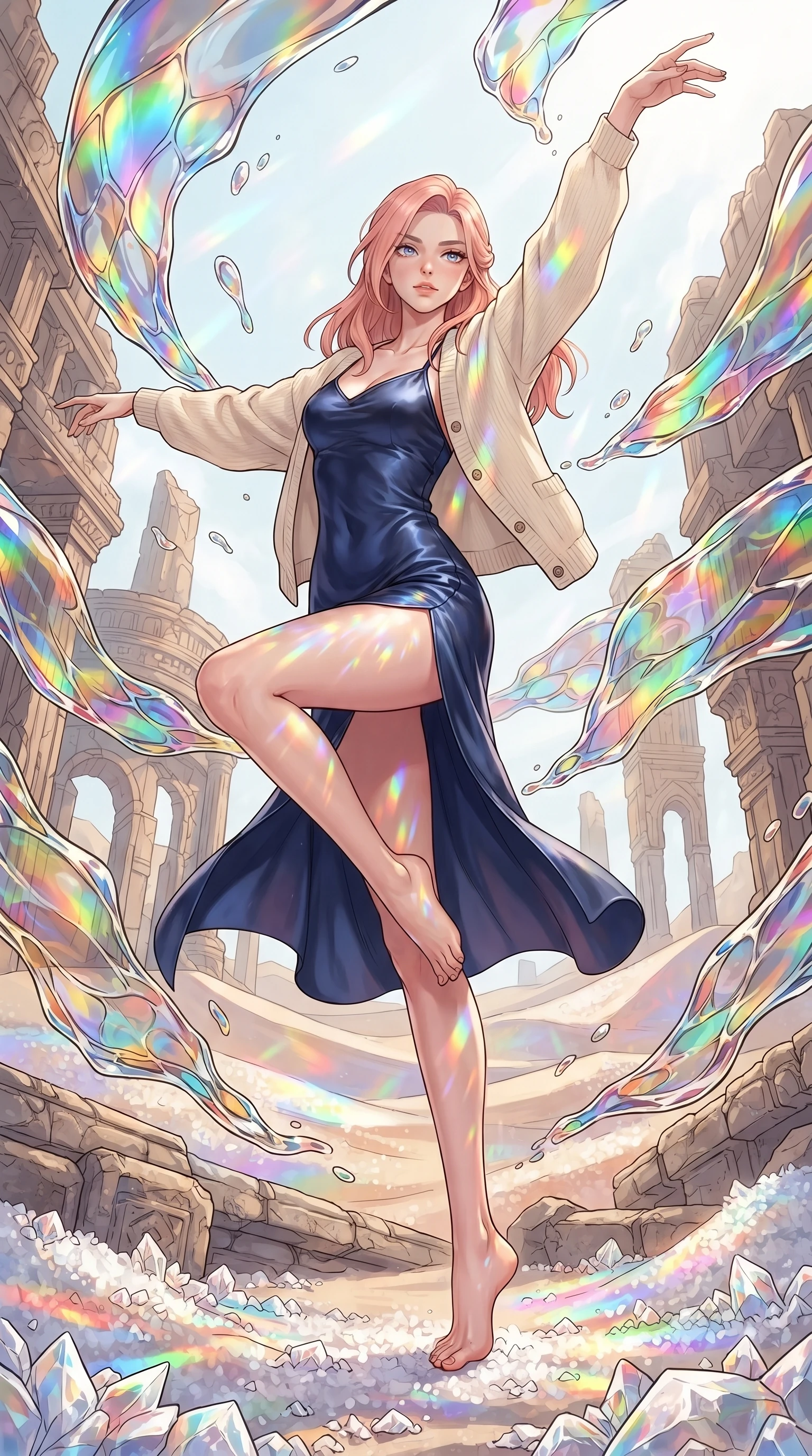 score_9, masterpiece, best quality, ultra-detailed, high-budget anime keyframe, gorgeous anime illustration, with clean line-art and distinct ink outlines, Japanese woman. low angle full-body shot from head to toe showing her feet, filling the entire 9:16 vertical frame with her statuesque presence, stretching her vertical silhouette. dancing with weightless grace through in a vast desert ruin where panels of liquid stained-glass flow and ripple in the air like colorful oil, sand dunes made of white salt crystals reflecting the rainbow colors. She has a statuesque 8.5-heads proportion, an exceptionally tall, slender and willowy model-like build with impossibly long legs and a highly sculpted ultra-slim waist. sharp v-shaped jawline, high-bridge nose, intricate jewel-like eyes with depth, thick eyelashes, glossy lips with a natural sheen. wearing a deep navy slip dress with a high side thigh slit, layered under a soft cream knit cardigan. brilliant rainbow prism light refracting through the liquid glass panels, casting moving color patterns on the character. 2k, ultra detail, master piece, 9:16 ratio, vibrant anime color palette, detailed cel-shading with soft gradients, rich contrast, dynamic lighting, 2d animation style