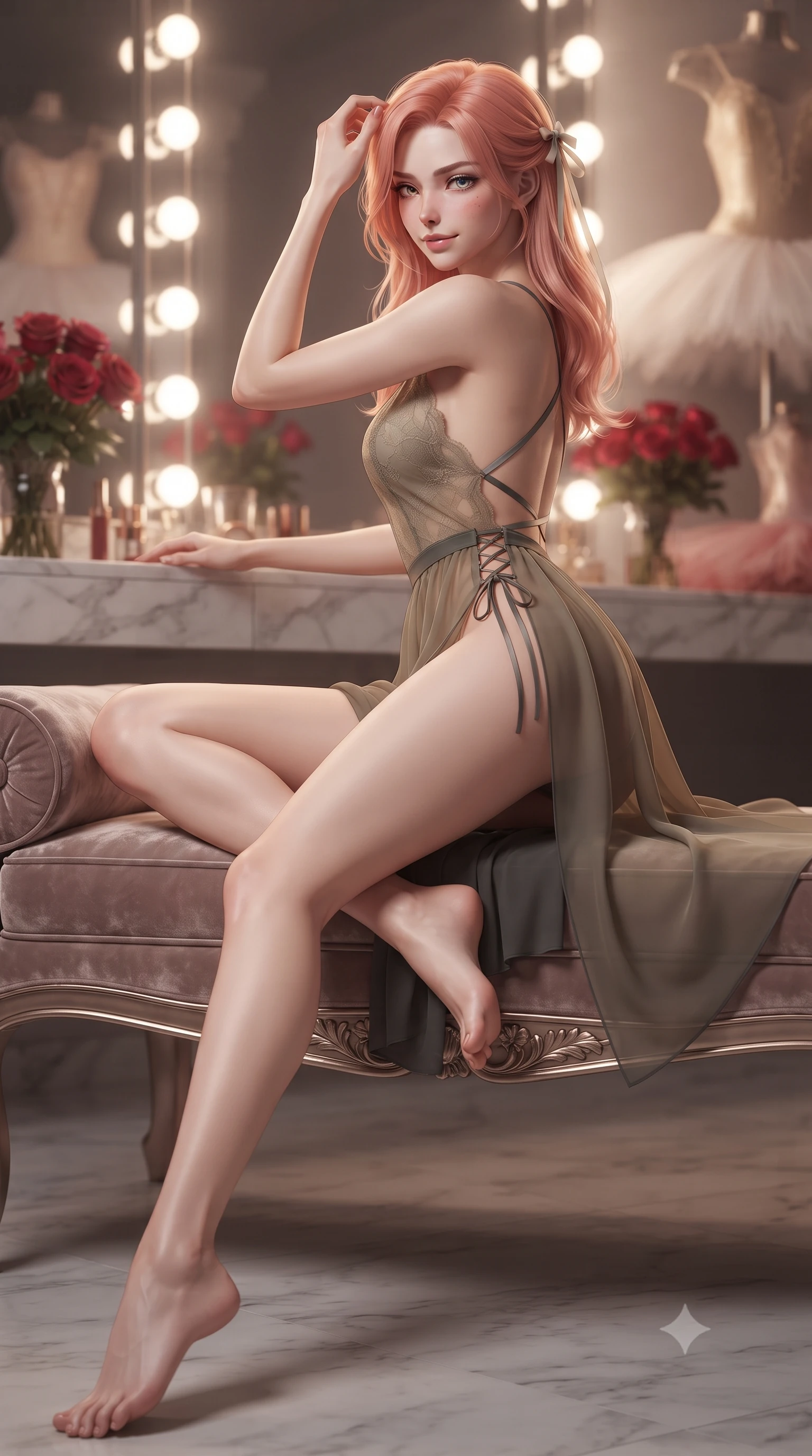 score_9, masterpiece, best quality, ultra-detailed, high-budget anime keyframe, editorial fashion photography, tasteful artistic composition, Japanese woman. low angle full-body shot from head to toe showing her feet, filling the entire 9:16 vertical frame with her statuesque presence, stretching her vertical silhouette. lounging on the lavish daybed with legs crossed and hips angled toward the camera, displaying her toned midriff and long slender limbs with effortless siren poise while twisting her slender torso in an alluring contrapposto stance before the glowing mirror bulbs, adjusting a ribbon with smoldering eyes. The background shows a soft-focus rows of warm vanity mirror light bulbs, bouquets of red roses, and feathered tutus blurred into champagne, crimson, and pearl bokeh. She has an absolutely perfect, statuesque 8.5-heads proportion, an exceptionally tall and slender model-like female figure with impossibly long slender legs, an ultra-slim waist, a flat toned midriff, narrow delicate ribcage, and beautifully sculpted feminine hips creating a graceful, slim hourglass silhouette without any bulky heaviness. sharp v-shaped jawline, high-bridge nose, sparkling eyes with hypnotic seductive depth, thick curled eyelashes, glossy parted lips with a natural dewy peach sheen, alluring bedroom-eyes with an enchanting coquettish smile, exuding magnetic siren charisma and sophisticated glamour, flawlessly proportioned anatomical accuracy, strict slender model proportions, natural body alignment, perfectly sculpted long slender limbs, ultra-slim waistline, clean dynamic posture without body distortion. wearing a backless stretch lace ballet leotard with high-cut leg openings and delicate criss-cross satin back ribbons in tactical desert sand khaki and matte carbon grey, made of sheer gossamer chiffon that drapes softly against skin with airy translucence, finished with fine criss-cross lace-up side ties revealing tantalizing glimpses of her hip curve, the high-slit wrap tailoring accentuating her ultra-slim waistline and the enchanting curve of her feminine hips with alluring seductive charm. illuminated by marble vanity bounce and sharp platinum-gold rim lights sculpting her jawline, ultra-slim waist, and curvy hips. ultra-reflective glossy finish, specular highlights, rich textural contrasts, high-contrast stereoscopic depth, volumetric dynamic lighting, 2k, ultra detail, master piece, 9:16 ratio