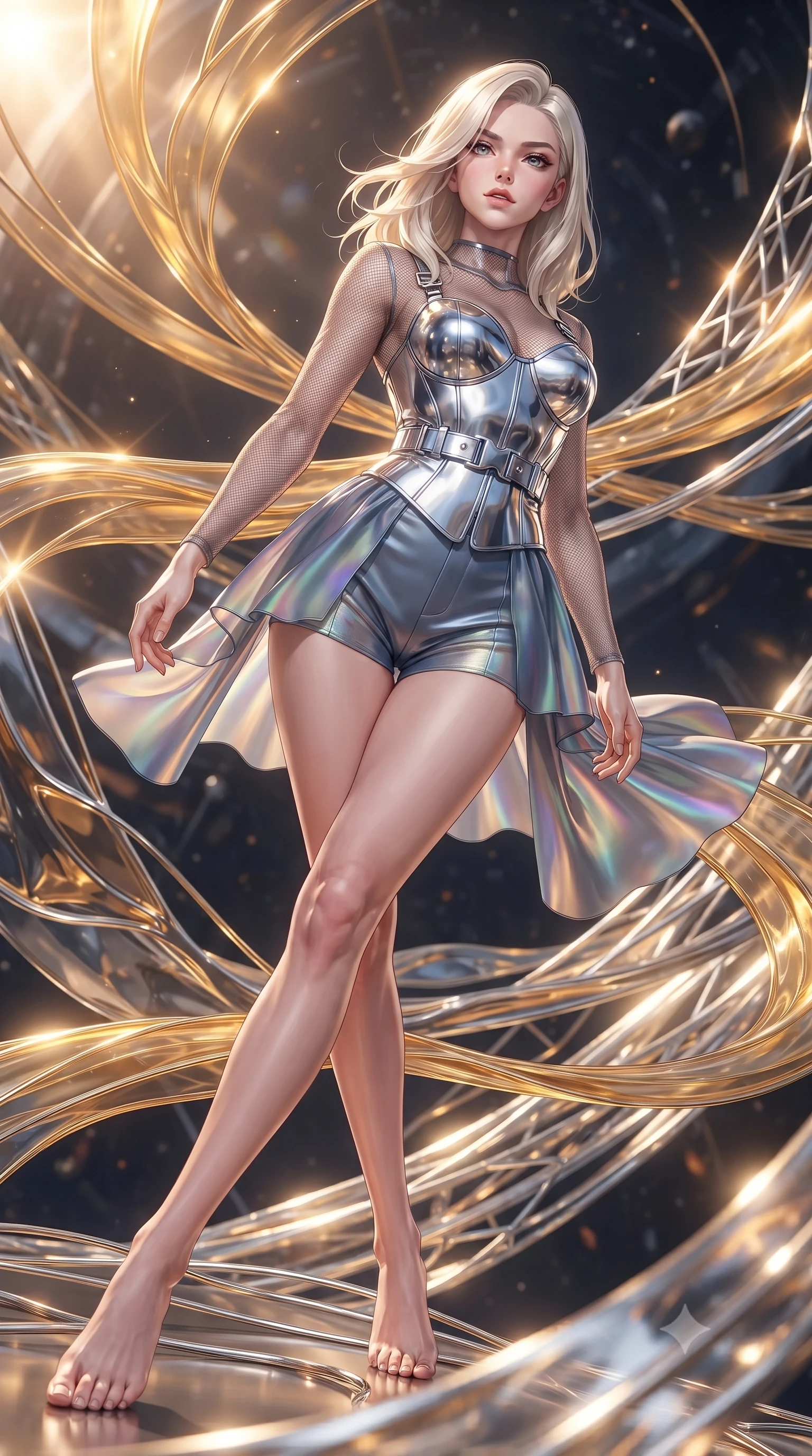 score_9, masterpiece, best quality, ultra-detailed, high-budget anime keyframe, editorial fashion photography, tasteful artistic composition, Caucasian woman. low angle full-body shot from head to toe showing her feet, filling the entire 9:16 vertical frame with her statuesque presence, stretching her vertical silhouette. forging dynamically through the scene with her long slender legs and ultra-slim waist creating a sweeping S-curve while pivoting sharply with a dynamic waist tilt as golden solar flare ribbons swirl around her, platinum wire lattices reflecting intense warm sunlight with brilliant metallic luster. She has an absolutely perfect, statuesque 8.5-heads proportion, an exceptionally tall and slender model-like female figure with impossibly long slender legs and an ultra-slim waist. sharp v-shaped jawline, high-bridge nose, intricate jewel-like eyes with depth, thick eyelashes, glossy lips with a natural sheen, flawlessly proportioned anatomical accuracy, natural body alignment, perfectly sculpted elegant limbs, clean dynamic posture without body distortion. wearing a chrome-plated structured bodice worn over a sheer mesh top and micro-shorts in slate blue and metallic silver, crafted from iridescent chiffon that shifts colors in the light, detailed with polished silver buckles along the waistline, the tailored fabric tightly following every curve of her athletic build. surrounded by a brilliant solar aura with high-contrast metallic specular shine. ultra-reflective glossy finish, specular highlights, metallic sheen, high-contrast stereoscopic depth, volumetric dynamic lighting, 2k, ultra detail, master piece, 9:16 ratio