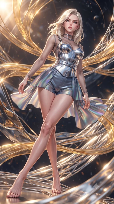 score_9, masterpiece, best quality, ultra-detailed, high-budget anime keyframe, editorial fashion photography, tasteful artistic composition, Caucasian woman. low angle full-body shot from head to toe showing her feet, filling the entire 9:16 vertica