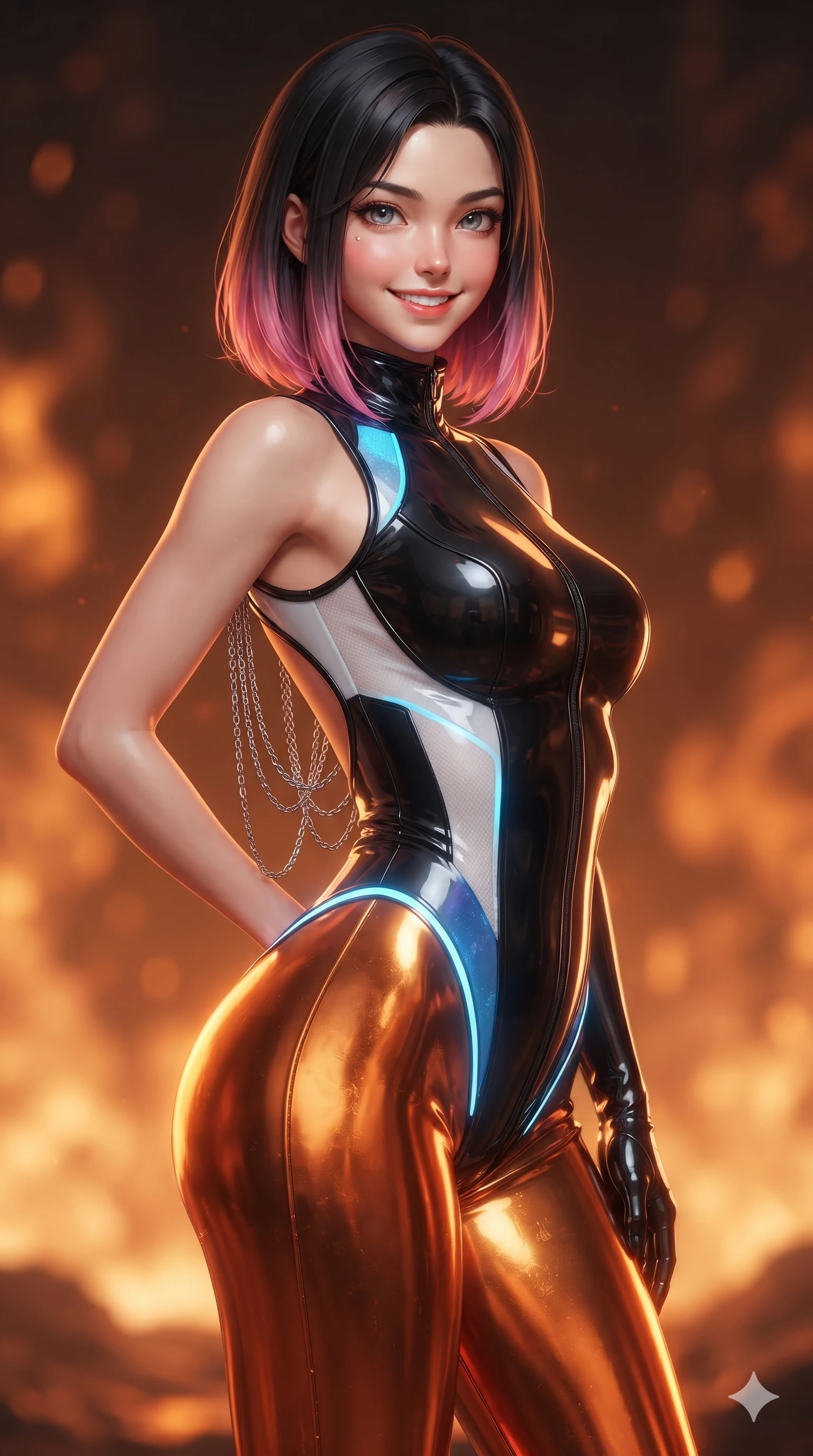 score_9, masterpiece, best quality, ultra-detailed, high-budget anime keyframe, editorial fashion photography, tasteful artistic composition, Korean woman. close-up cowboy shot from the waist and thighs up, the character dominates the composition, filling the frame with her large presence. twisting her slender torso in an alluring S-curve, dynamic rim light painting her narrow waist and curvy hips in fire while twisting her slender torso in an alluring contrapposto stance, blazing liquid plasma reflections tracing her narrow waist and curvy hips in molten gold and copper. The background shows a soft-focus roaring geothermal plasma conduits and swirling subterranean steam blurred into fiery orange, amber, and deep copper bokeh. She has an exceptionally elegant, slender, and willowy female figure with an ultra-slim waist, flat toned midriff, narrow ribcage, and sculpted feminine hips creating an alluring, slim hourglass silhouette without bulk. sharp v-shaped jawline, high-bridge nose, intricate jewel-like sparkling eyes with depth, thick eyelashes, glossy parted lips with a natural sheen, bright confident smile with an enchanting and coquettish sensual glint, exuding both youthful magnetic charm and sovereign high-tech allure, flawlessly proportioned anatomical accuracy, strict slender model proportions, natural body alignment, perfectly sculpted long slender limbs, ultra-slim waistline, clean dynamic posture without body distortion. wearing a sleeveless high-collar cyber pilot suit in liquid-look obsidian jersey with strategic sheer ventilation panels in arctic snowflake white and electric plasma blue, tailored from ultra-reflective glossy liquid vinyl with mirror-like specular highlights, accented with an open-back drape framed by falling strands of delicate chrome chains, the glove-like clinging cut tightly following the natural contour of her hips and long slender legs with youthful 8.5-heads elegance. bathed in the intense warm 2200K furnace glow of subterranean plasma conduits mixed with cool cyan emergency strip lights. ultra-reflective glossy finish, specular highlights, rich textural contrasts, high-contrast stereoscopic depth, volumetric dynamic lighting, 2k, ultra detail, master piece, 9:16 ratio