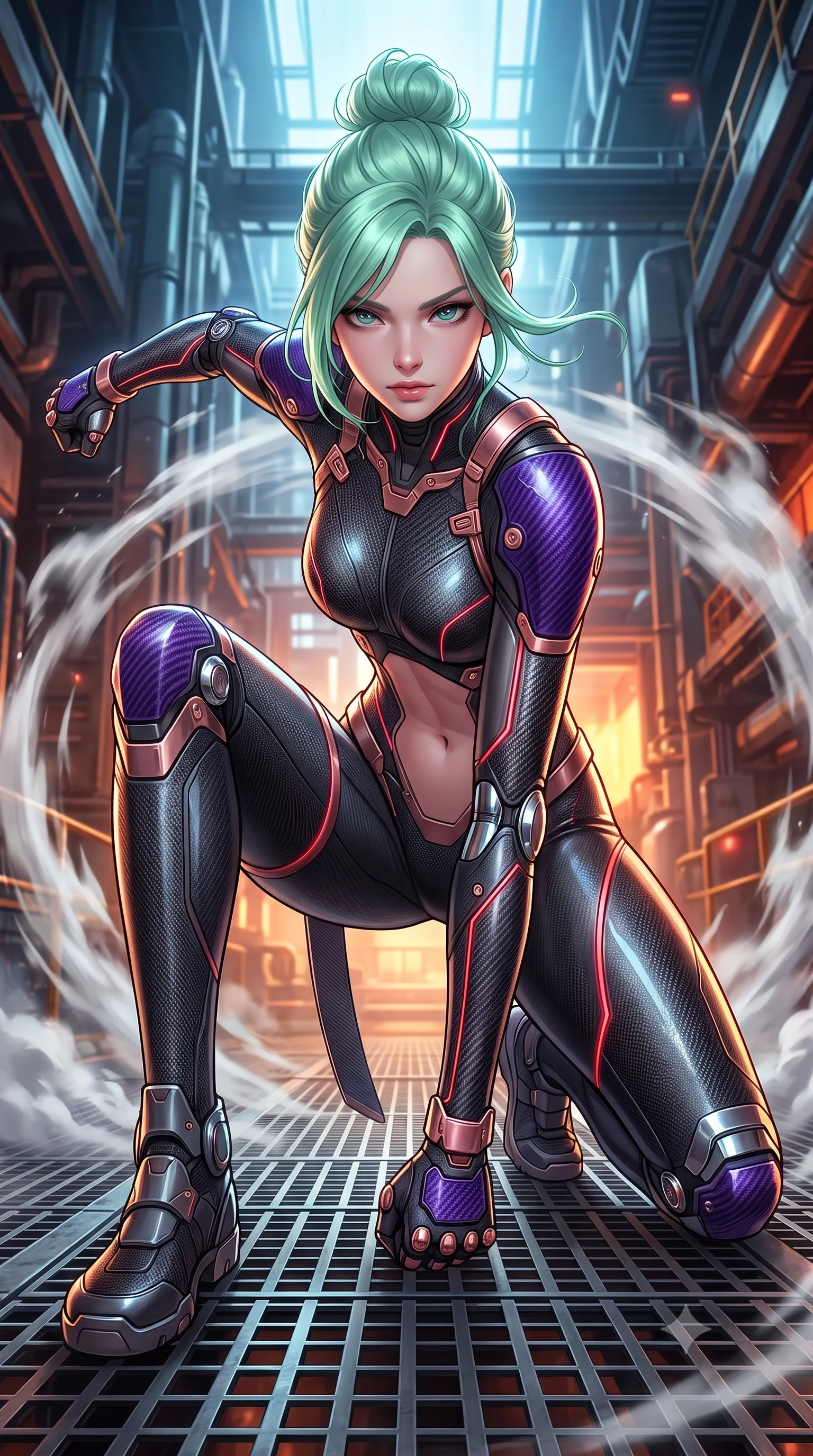 score_9, masterpiece, best quality, ultra-detailed, high-budget anime keyframe, semi-realistic 3D game render, editorial fashion photography, tasteful artistic composition, Japanese woman. low angle full-body shot from head to toe showing her feet, filling the entire 9:16 vertical frame with her statuesque presence, stretching her vertical silhouette. leaping into mid-air with an athletic yet alluring arch of her spine, driving a downward kinetic strike surrounded by a ring of displaced air while landing in a low crouched stance with one fist planted on the metal grating, looking up with a dangerous, alluring smolder. The surrounding environment is rendered in vivid detail and crisp panoramic clarity. intense geothermal chiaroscuro and raw high-tech industrial architecture rendered with precision. She has an absolutely perfect, statuesque 8.5-heads proportion, an exceptionally tall and slender model-like female figure with impossibly long slender legs, a toned flat midriff, and an ultra-slim waist. sharp v-shaped jawline, high-bridge nose, intricate jewel-like eyes with depth, thick eyelashes, glossy lips with a natural sheen, flawlessly proportioned anatomical accuracy, strict slender model proportions, natural body alignment, perfectly sculpted long slender limbs, ultra-slim waistline, clean dynamic posture without body distortion. wearing a second-skin dark gunmetal carbon-weave battle-suit with crimson laser conduits and high-frequency knuckle strike plates in royal purple carbon fiber with rose-gold hardware and clasps, crafted from semi-translucent cybernetic carbon-vinyl interwoven with glowing micro-filaments, detailed with magnetic knuckle shock-absorbers and polished chrome articulation joints, the glove-like aerodynamic second-skin fit tightly clinging to her ultra-slender waist and athletic curves without adding bulk, accentuating her razor-sharp statuesque lines and slim hourglass silhouette. illuminated by crisp specular highlights tracing her ultra-slim waist, long legs, and flat midriff. rich saturated anime colors with glowing neon highlights, detailed shading with soft gradients, rich glossy textures, high-contrast stereoscopic depth, volumetric dynamic lighting, master piece, 9:16 ratio