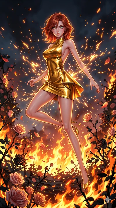 score_9, masterpiece, best quality, ultra-detailed, Set A: High-budget Anime Keyframe, Korean woman. Low angle cowboy shot filling the entire 9:16 frame with her statuesque presence. Leaping through a burning rose garden, while her eyes glow with 230